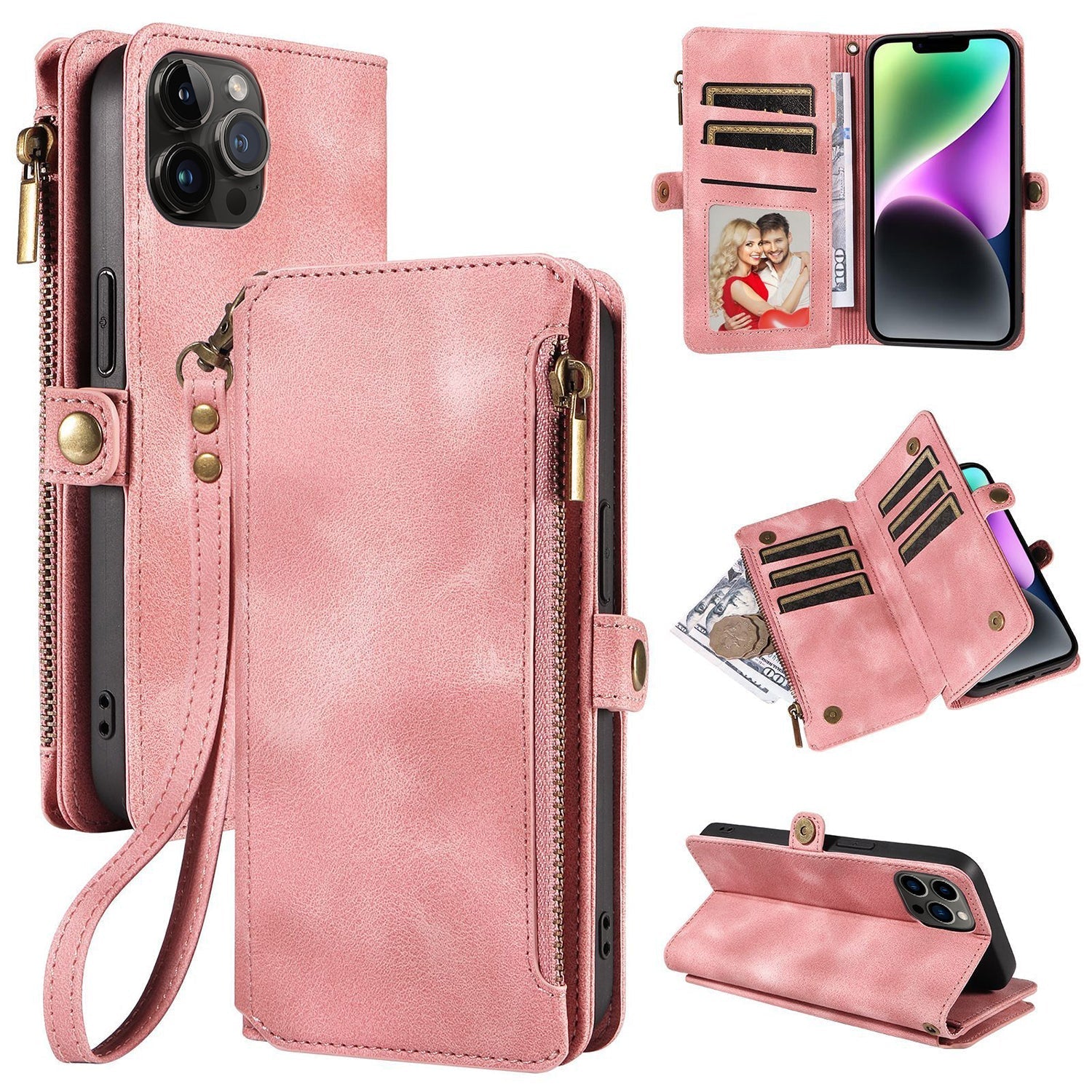 iPhone 13 Pro Max Retro Premium Flip Leather Cover with 9 Card Holder & Zipper Cash Pocket & Wrist Strap
