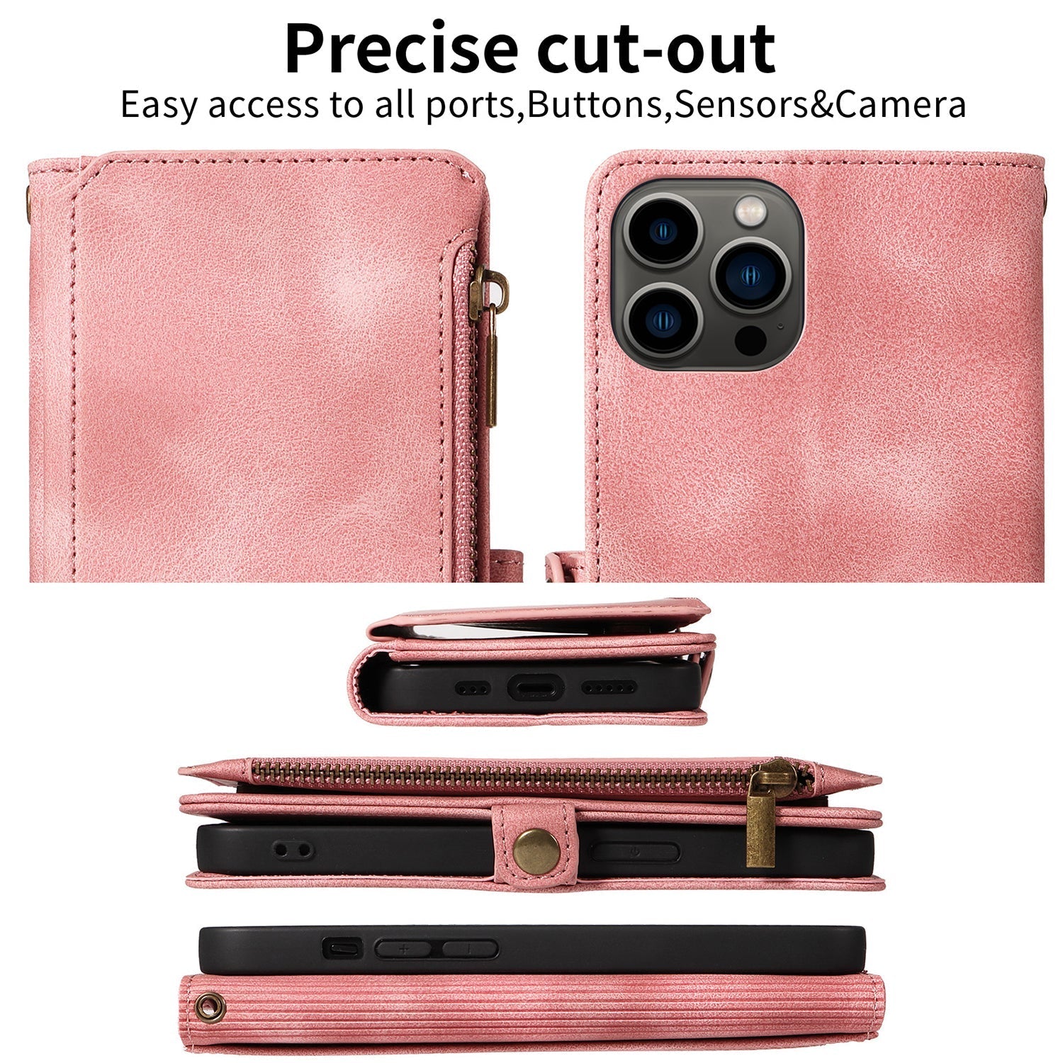 iPhone 13 Pro Max Retro Premium Flip Leather Cover with 9 Card Holder & Zipper Cash Pocket & Wrist Strap