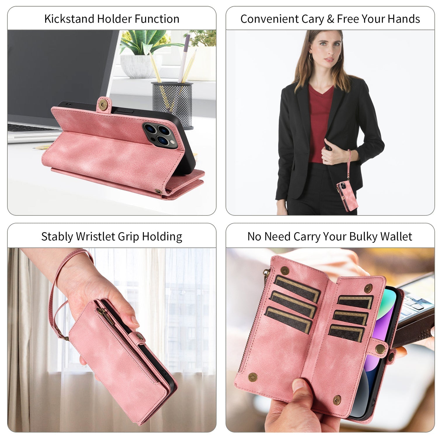 iPhone 13 Pro Max Retro Premium Flip Leather Cover with 9 Card Holder & Zipper Cash Pocket & Wrist Strap