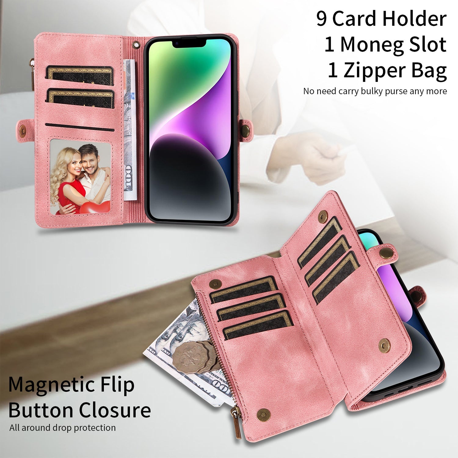 iPhone 13 Pro Retro Premium Flip Leather Cover with 9 Card Holder & Zipper Cash Pocket & Wrist Strap