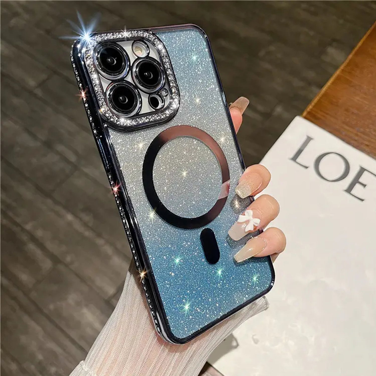 iPhone 15 Pro Max Gradient Glitter Diamond Luxury Plating Magnetic Attraction Wireless Charging With Camera Protector Back Cover Case