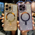 iPhone 15 Pro Max Gradient Glitter Diamond Luxury Plating Magnetic Attraction Wireless Charging With Camera Protector Back Cover Case
