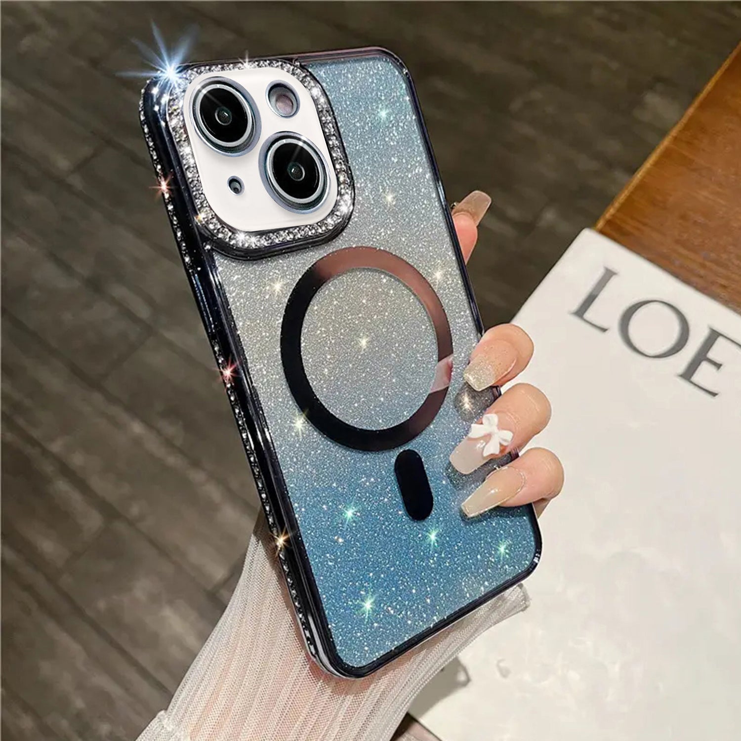 iPhone 14/13 Gradient Glitter Diamond Luxury Plating Magnetic Attraction Wireless Charging With Camera Protector Back Cover Case