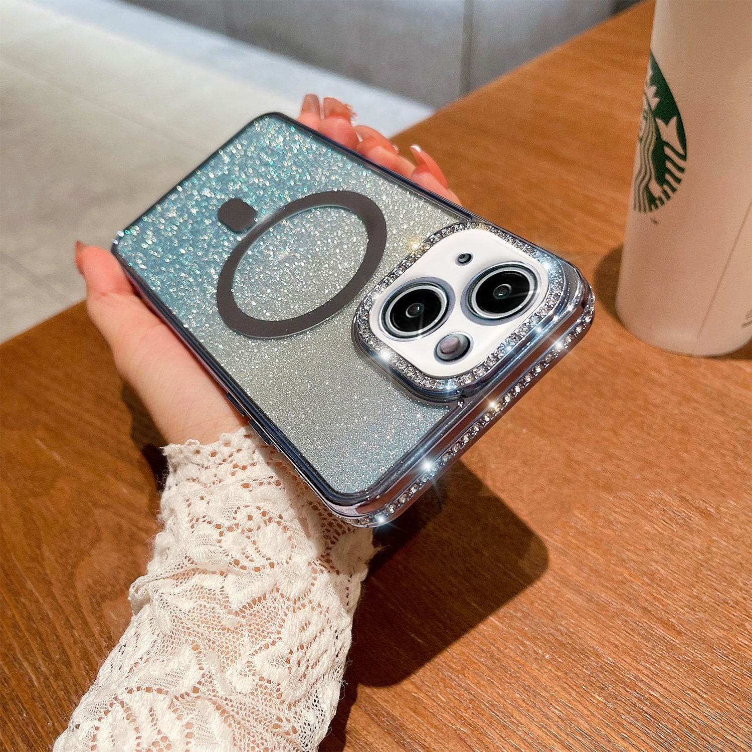 iPhone 14/13 Gradient Glitter Diamond Luxury Plating Magnetic Attraction Wireless Charging With Camera Protector Back Cover Case