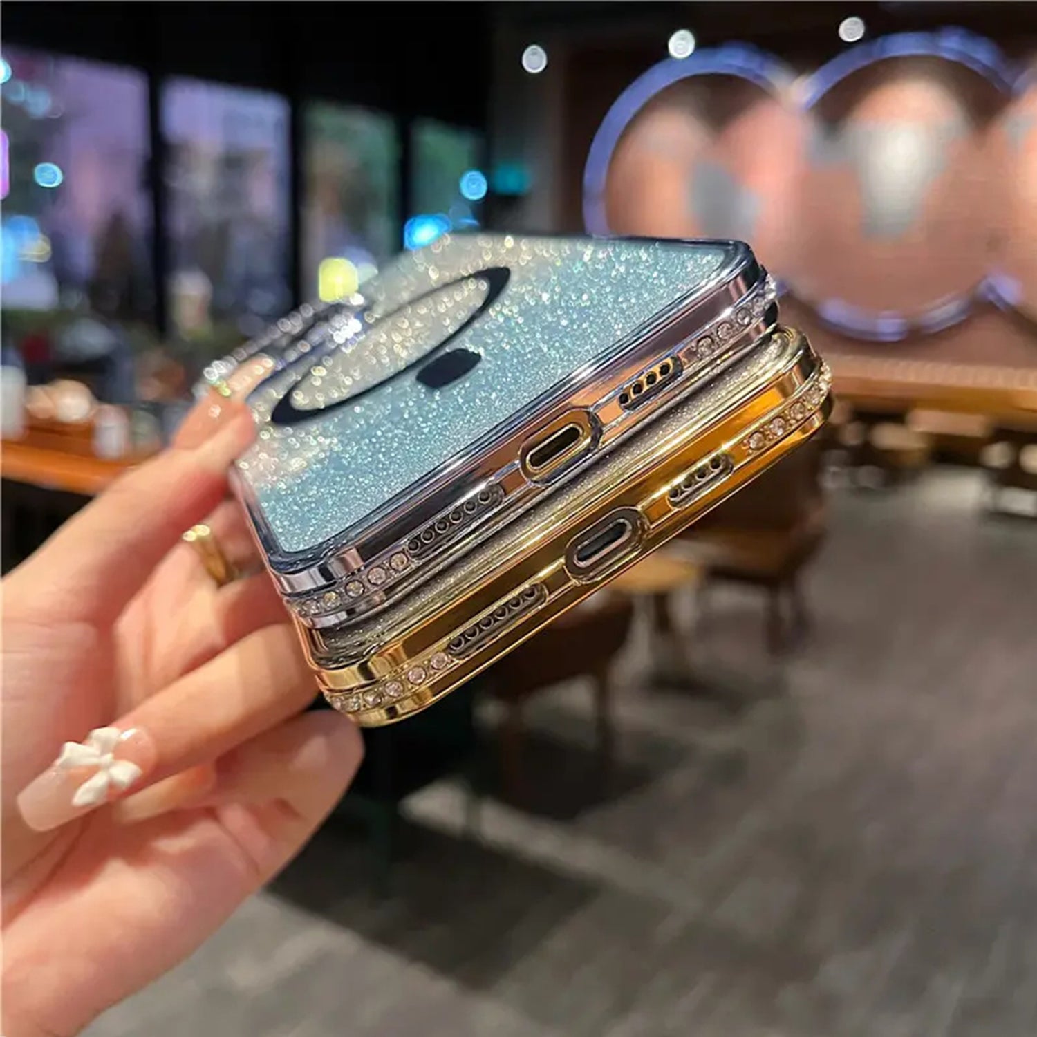 iPhone 14/13 Gradient Glitter Diamond Luxury Plating Magnetic Attraction Wireless Charging With Camera Protector Back Cover Case