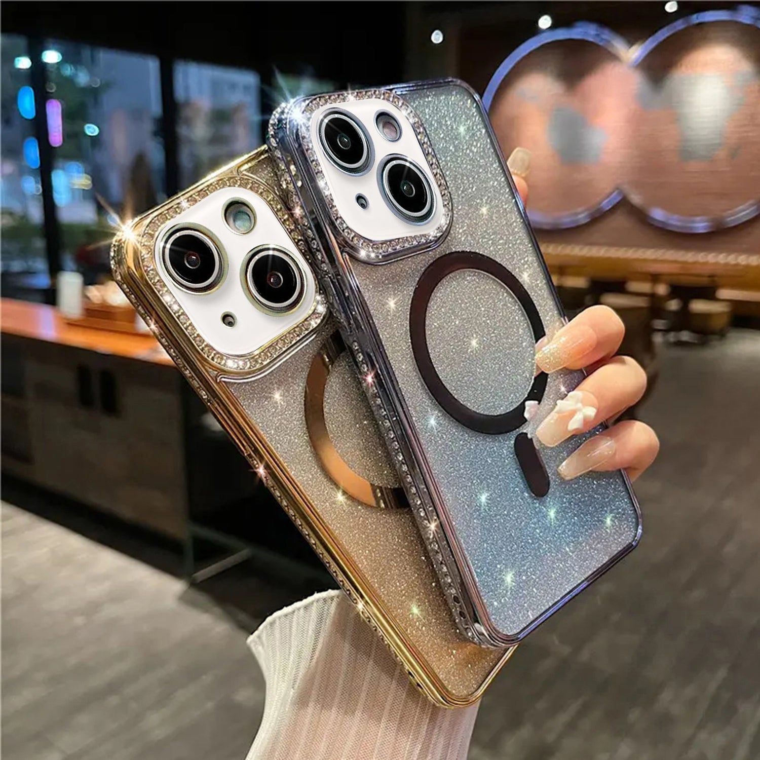 iPhone 14/13 Gradient Glitter Diamond Luxury Plating Magnetic Attraction Wireless Charging With Camera Protector Back Cover Case