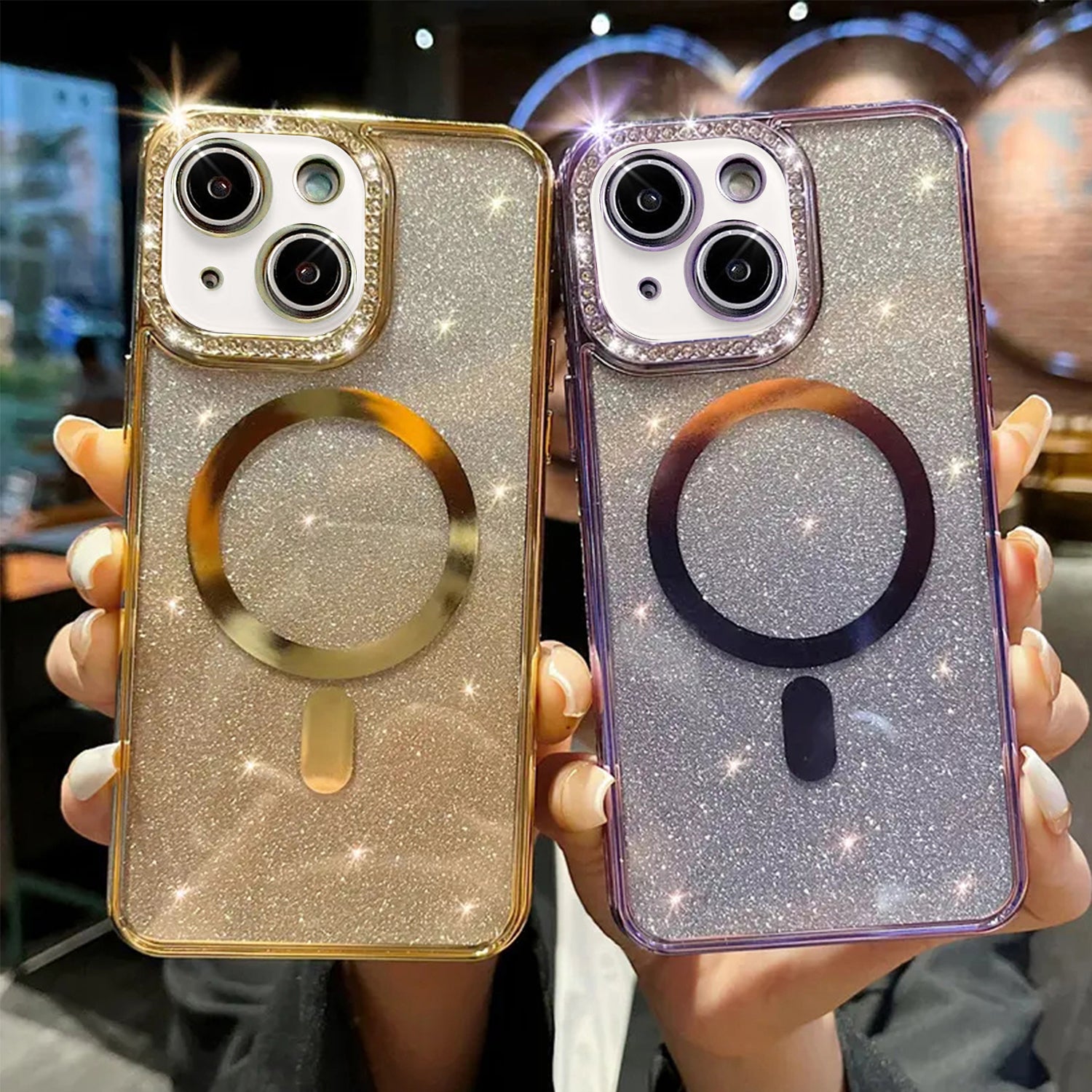 iPhone 14/13 Gradient Glitter Diamond Luxury Plating Magnetic Attraction Wireless Charging With Camera Protector Back Cover Case