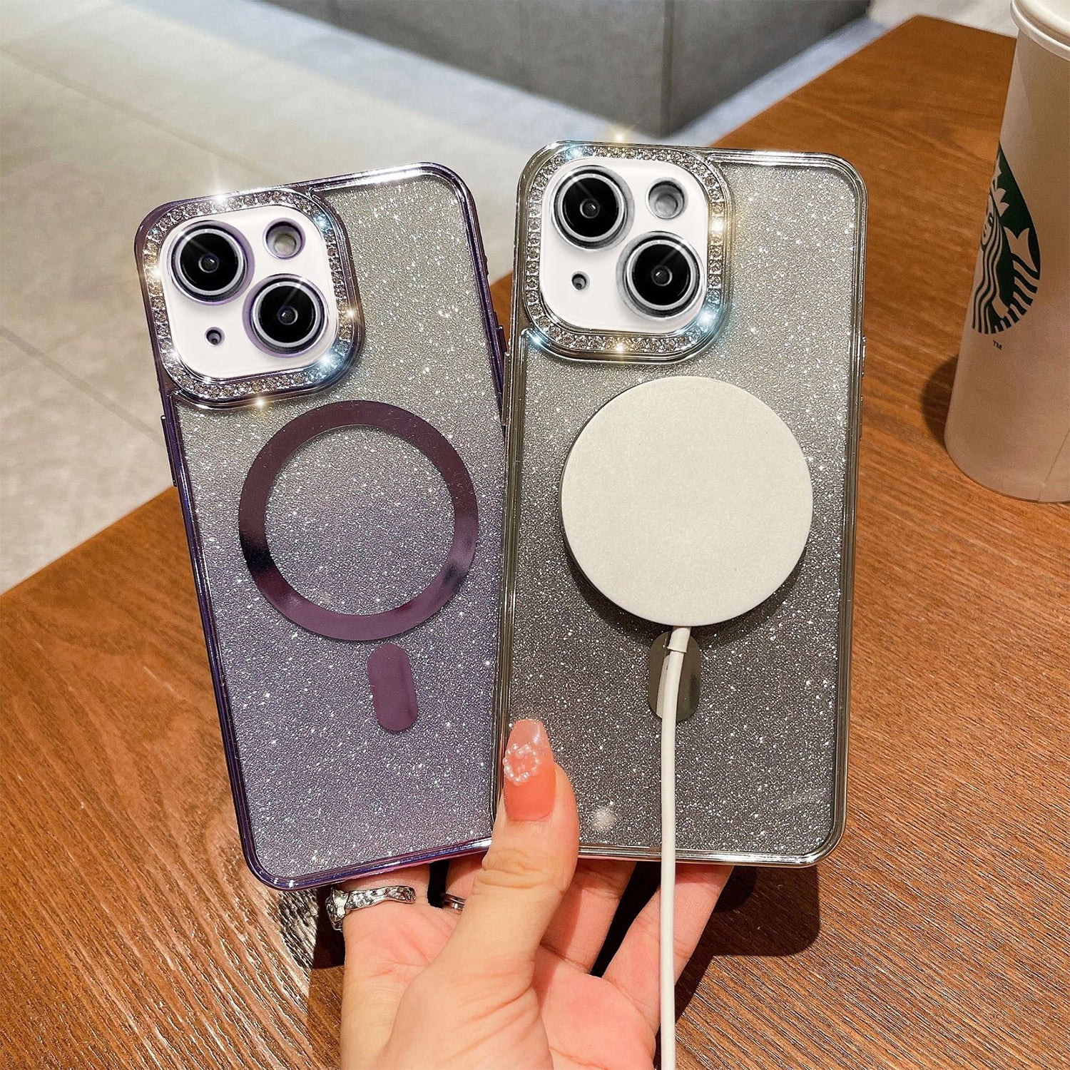 iPhone 14/13 Gradient Glitter Diamond Luxury Plating Magnetic Attraction Wireless Charging With Camera Protector Back Cover Case
