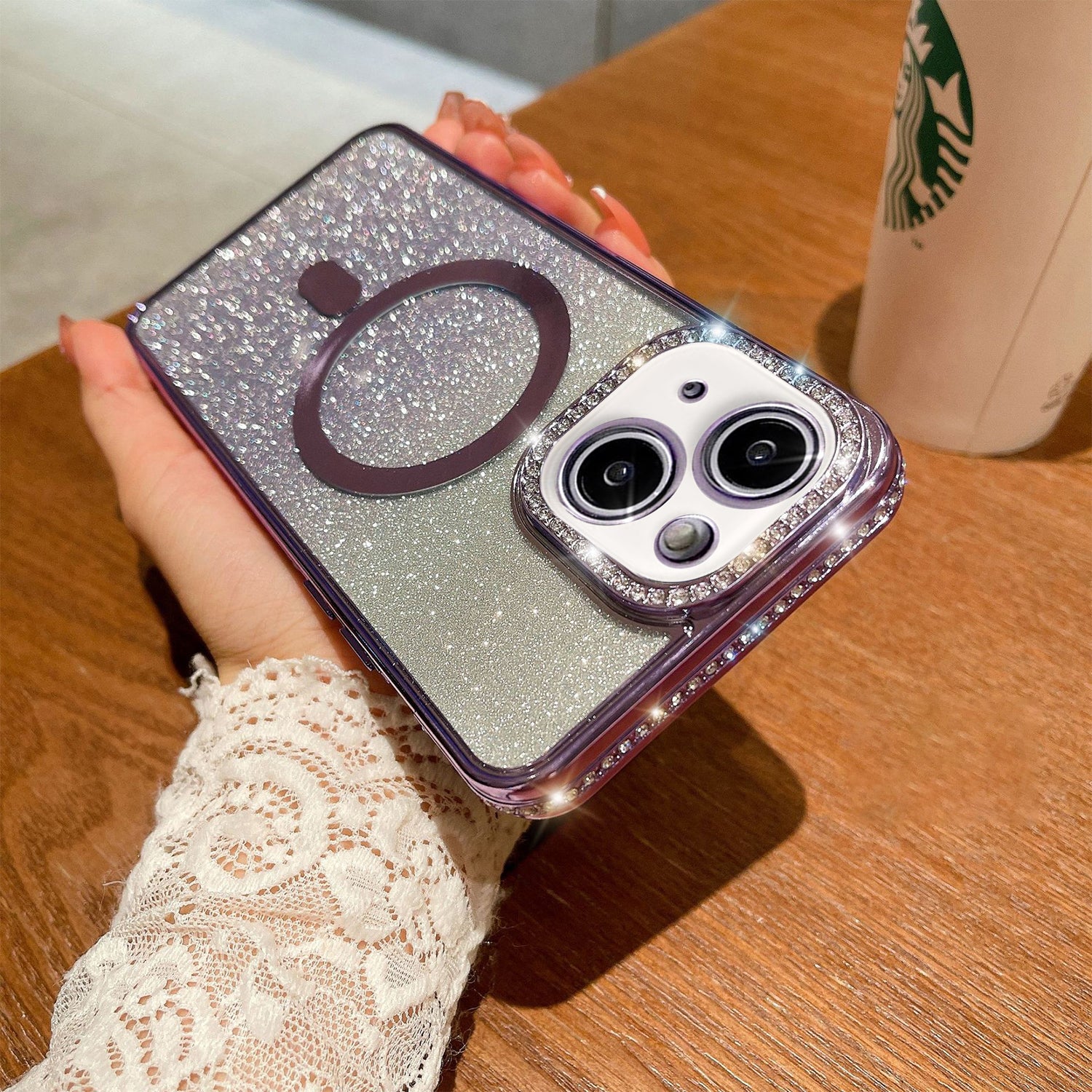 iPhone 14/13 Gradient Glitter Diamond Luxury Plating Magnetic Attraction Wireless Charging With Camera Protector Back Cover Case
