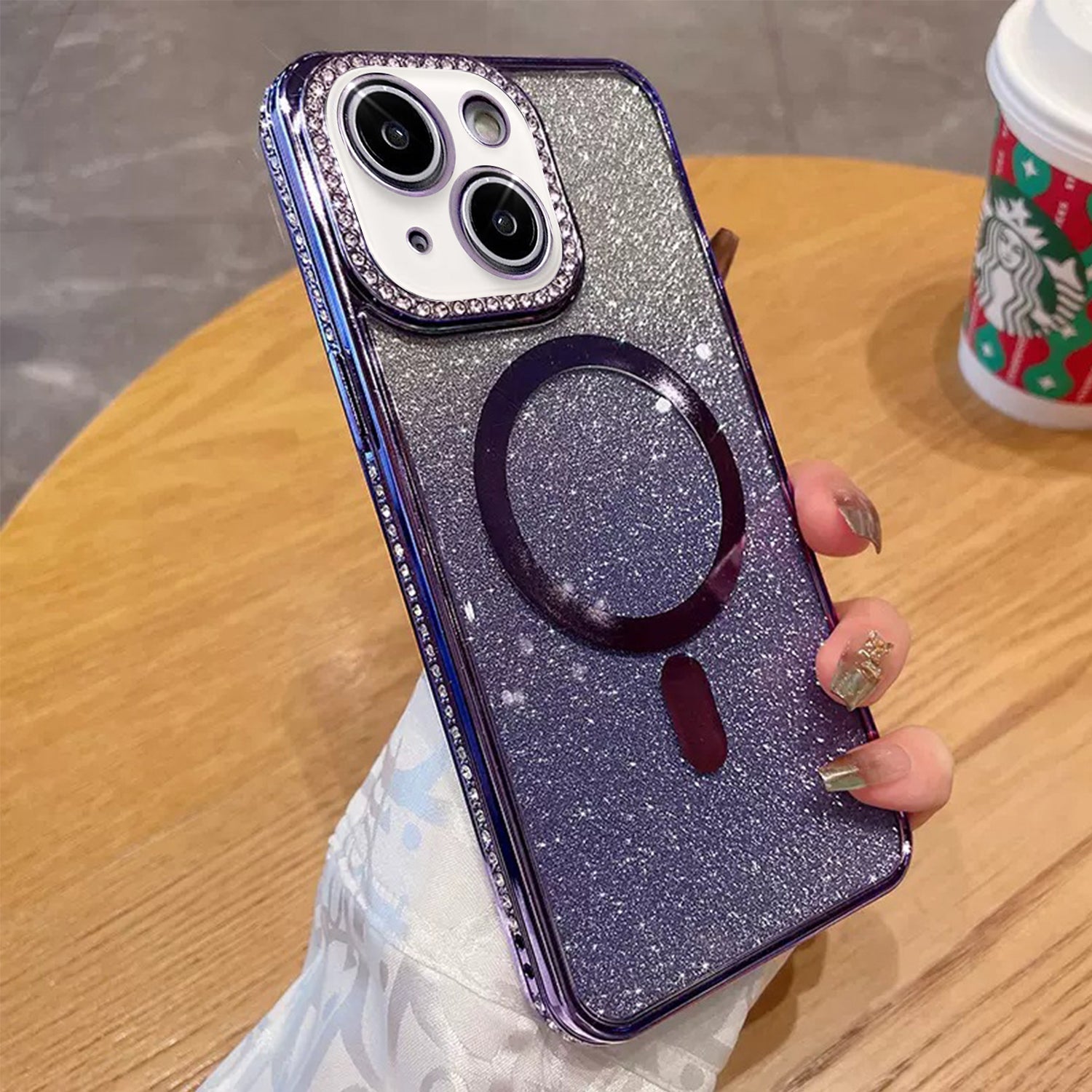 iPhone 14/13 Gradient Glitter Diamond Luxury Plating Magnetic Attraction Wireless Charging With Camera Protector Back Cover Case