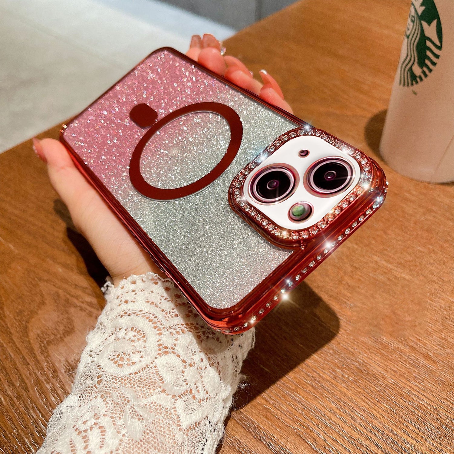 iPhone 14/13 Gradient Glitter Diamond Luxury Plating Magnetic Attraction Wireless Charging With Camera Protector Back Cover Case