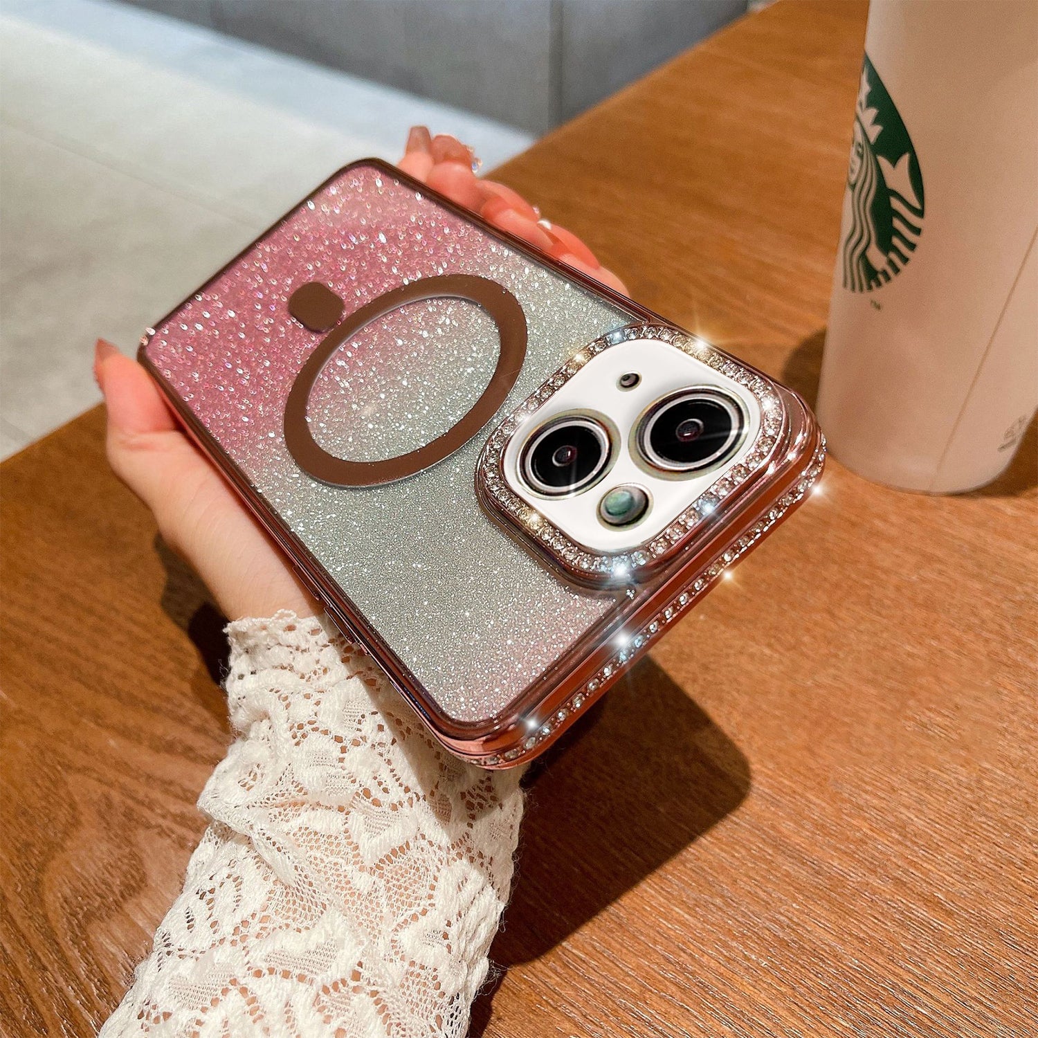 iPhone 14/13 Gradient Glitter Diamond Luxury Plating Magnetic Attraction Wireless Charging With Camera Protector Back Cover Case