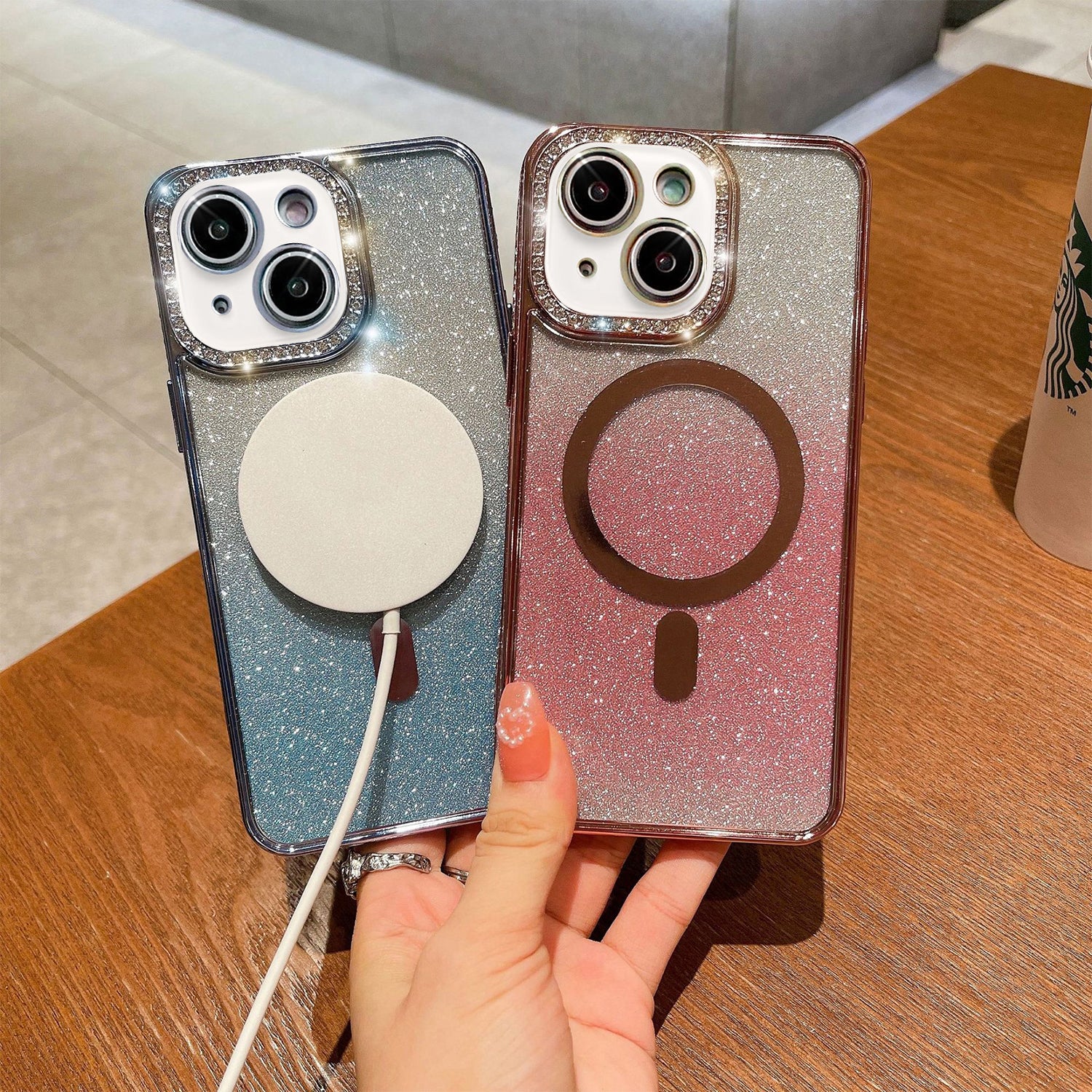 iPhone 14/13 Gradient Glitter Diamond Luxury Plating Magnetic Attraction Wireless Charging With Camera Protector Back Cover Case