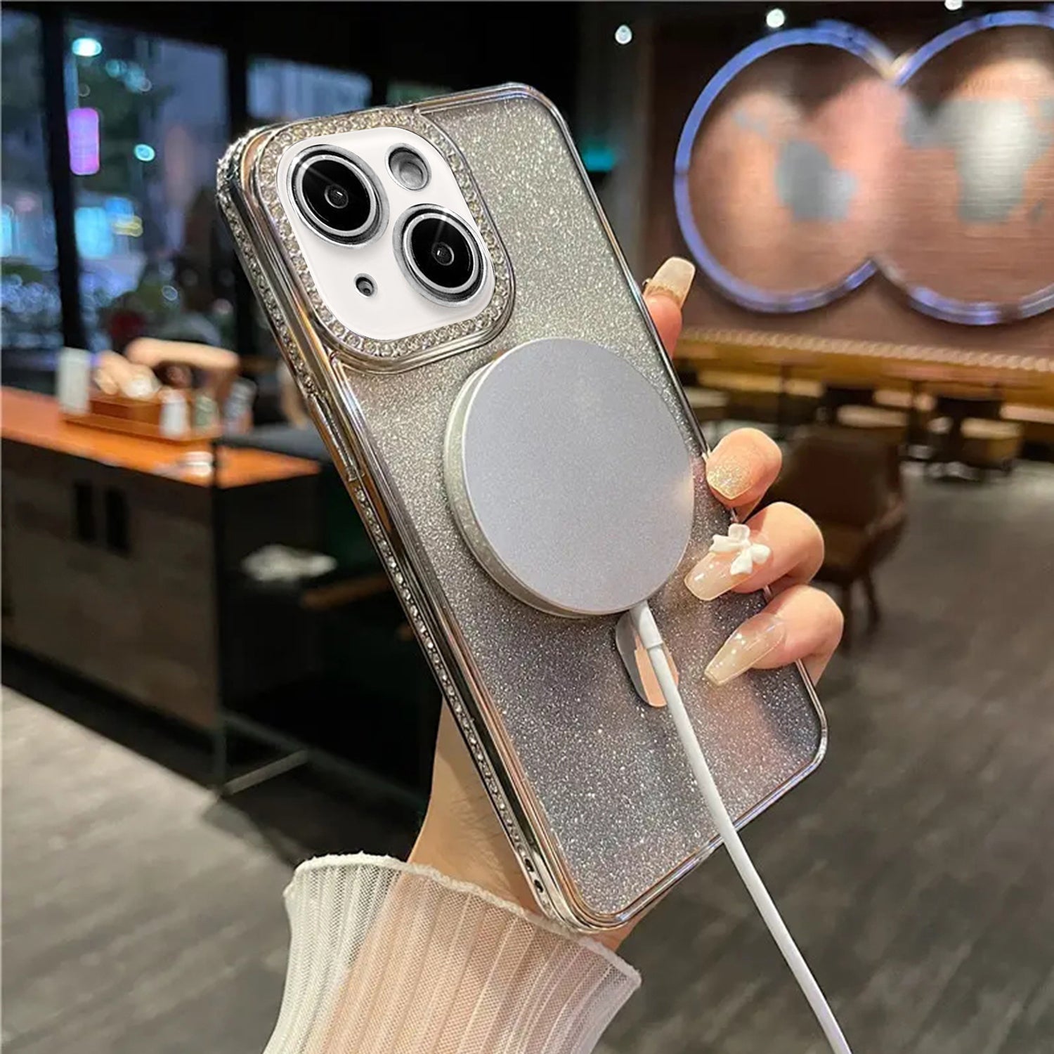 iPhone 14/13 Gradient Glitter Diamond Luxury Plating Magnetic Attraction Wireless Charging With Camera Protector Back Cover Case