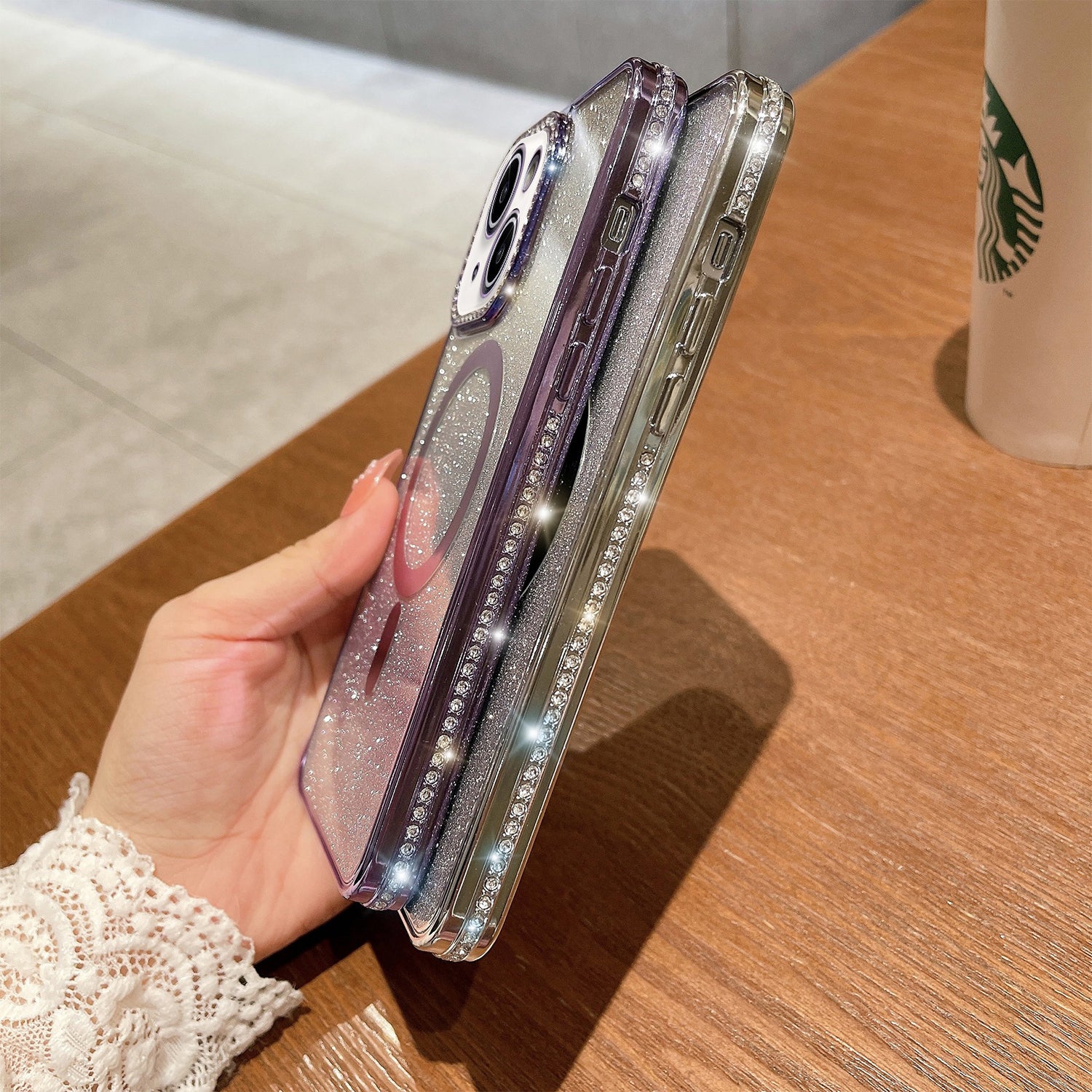 iPhone 14/13 Gradient Glitter Diamond Luxury Plating Magnetic Attraction Wireless Charging With Camera Protector Back Cover Case
