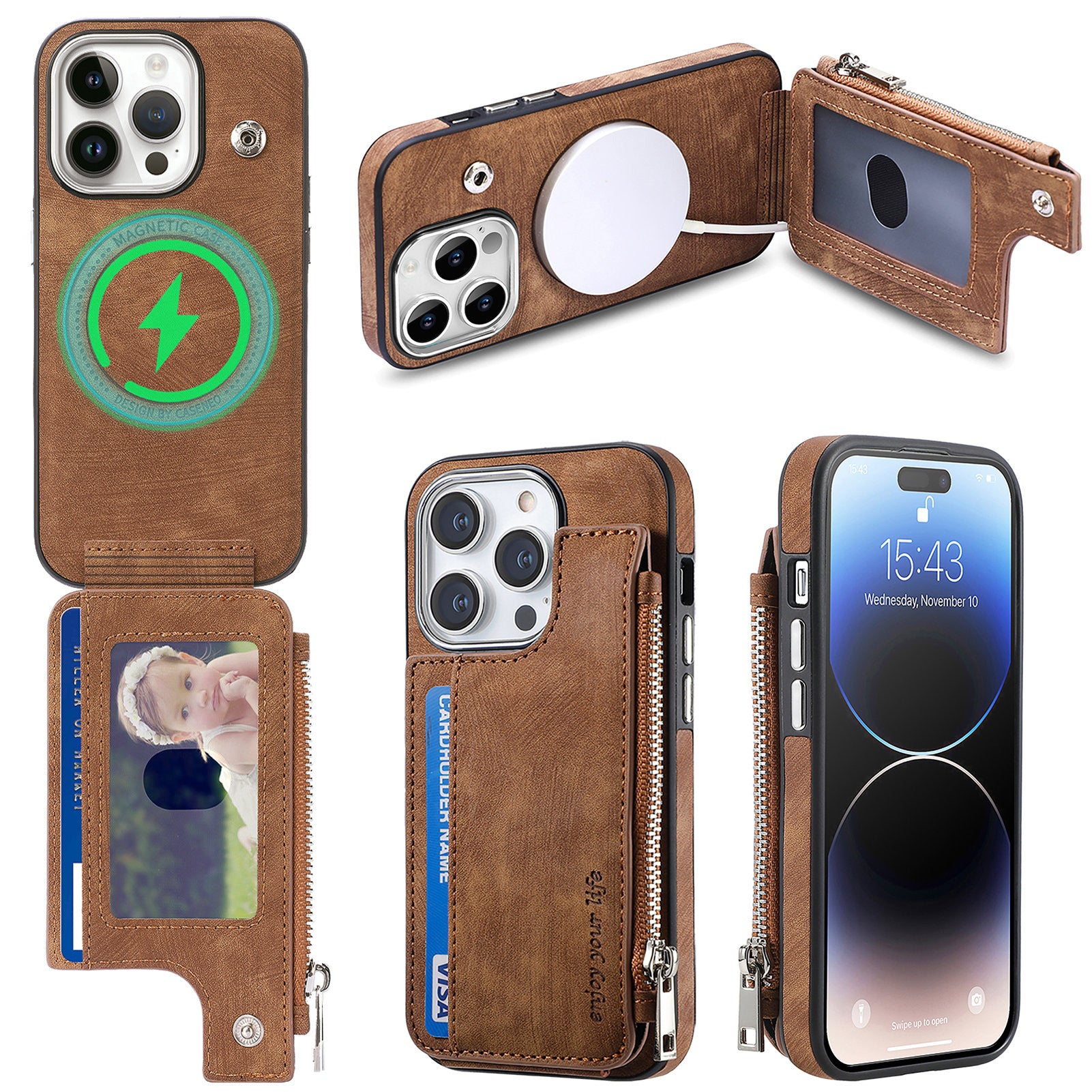 iPhone 15 Pro Max Magsafe Wireless Zippered Leather Case
