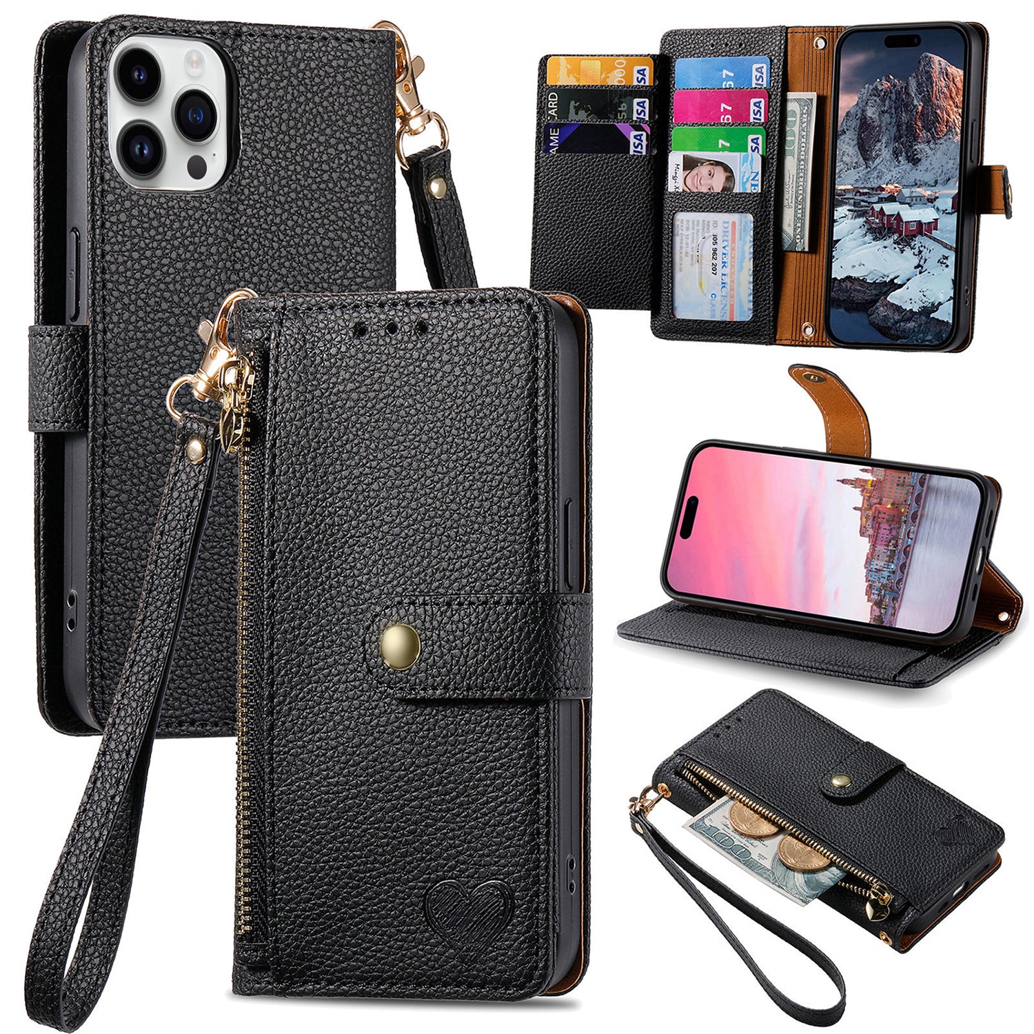 iPhone 15 Pro Max Lychee Lines Pattern Card Insert Phone Case