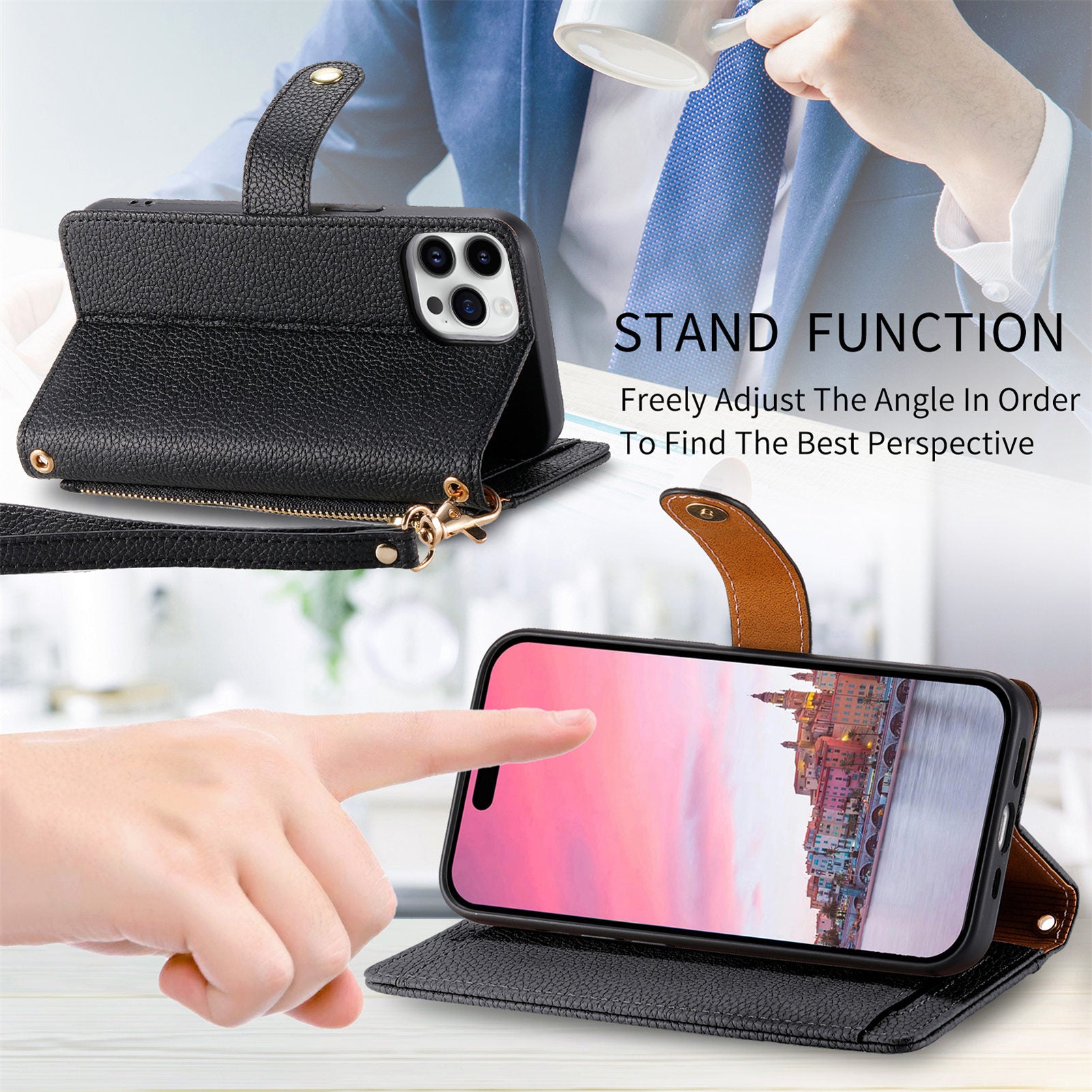iPhone 15 Pro Max Lychee Lines Pattern Card Insert Phone Case