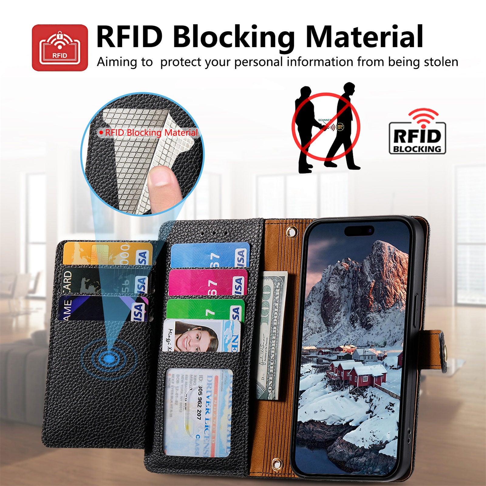 iPhone 15 Pro Max Lychee Lines Pattern Card Insert Phone Case