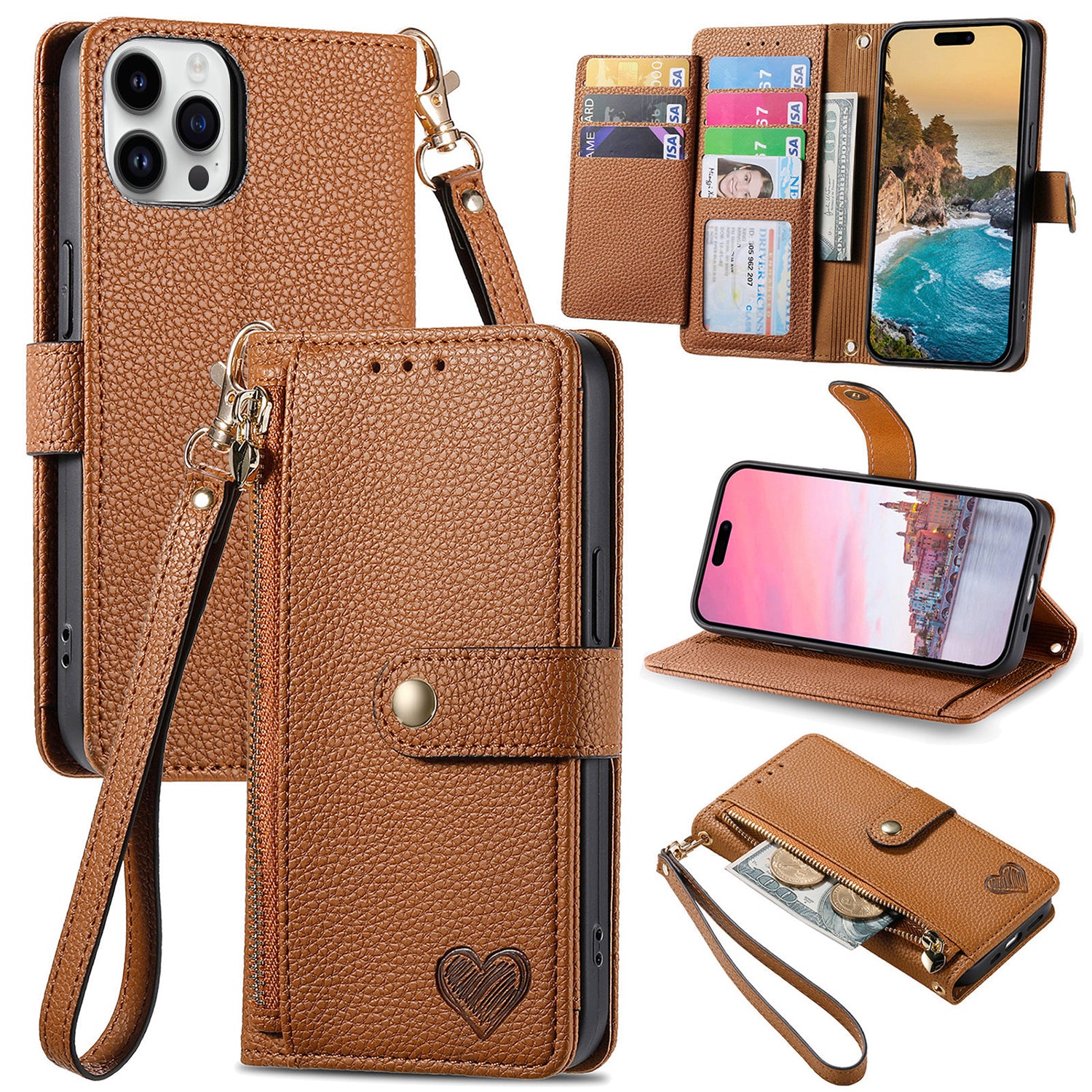 iPhone 15 Pro Max Lychee Lines Pattern Card Insert Phone Case