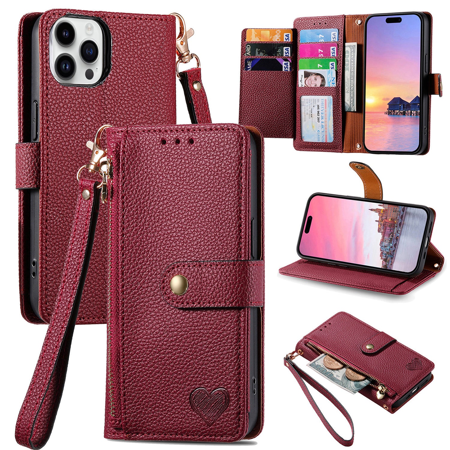 iPhone 15 Pro Max Lychee Lines Pattern Card Insert Phone Case