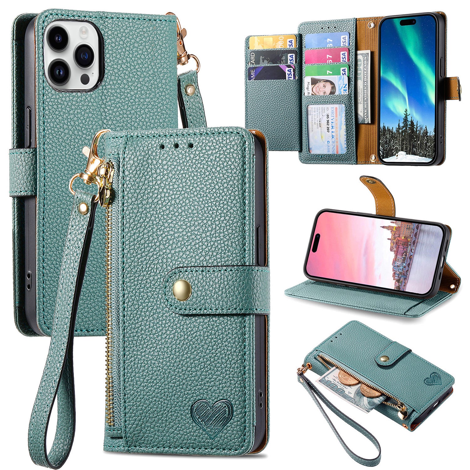 iPhone 15 Pro Max Lychee Lines Pattern Card Insert Phone Case