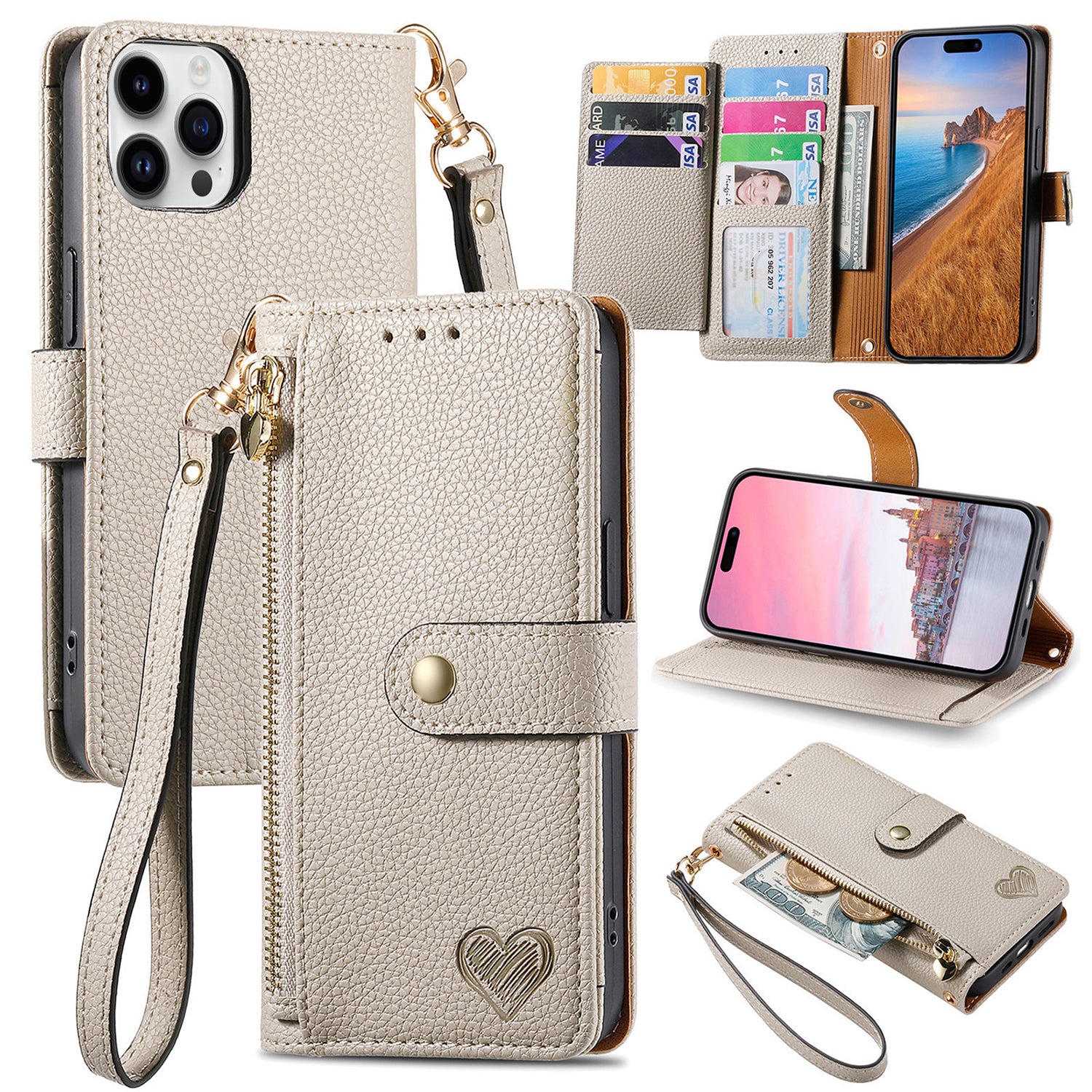 iPhone 15 Pro Max Lychee Lines Pattern Card Insert Phone Case