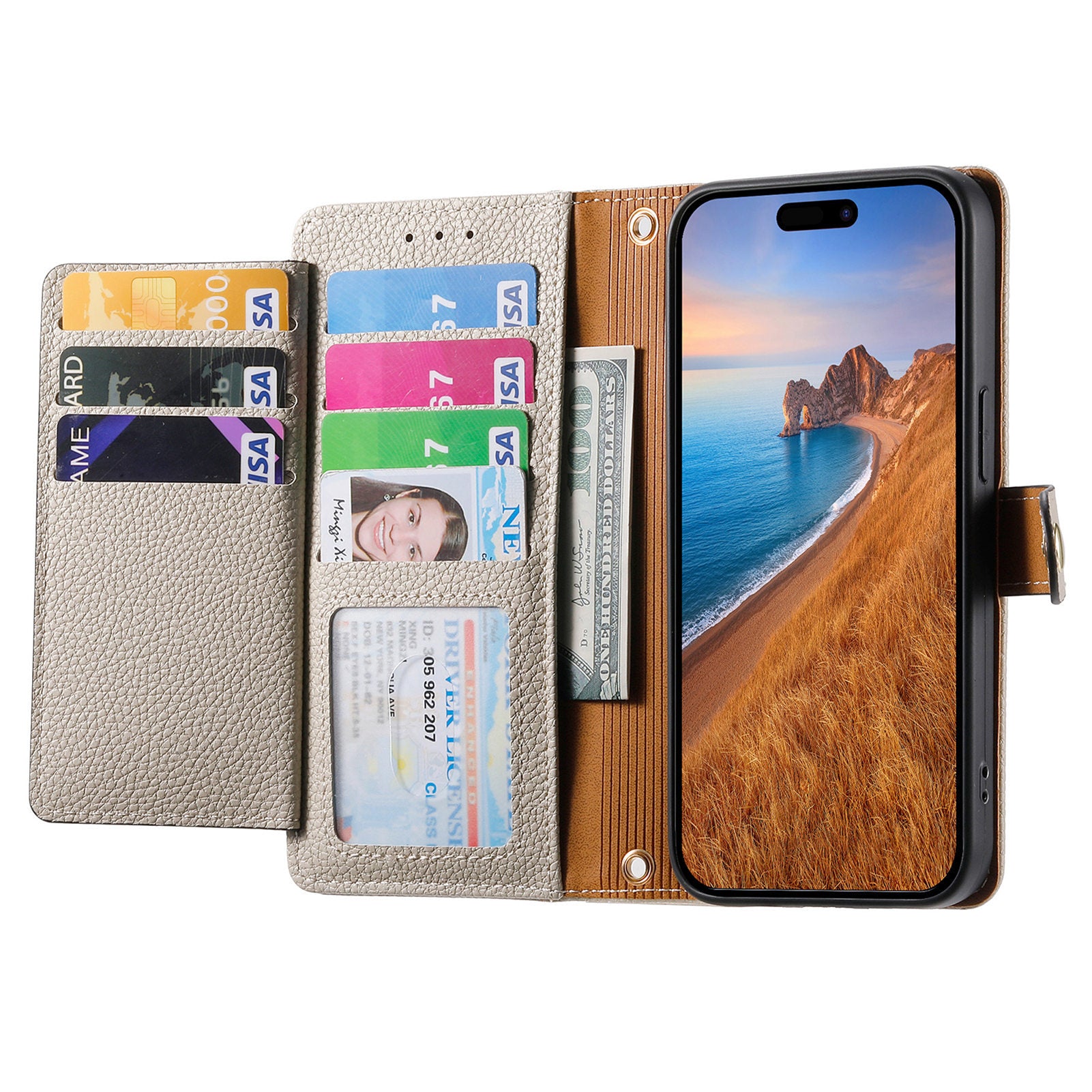 iPhone 15 Pro Max Lychee Lines Pattern Card Insert Phone Case