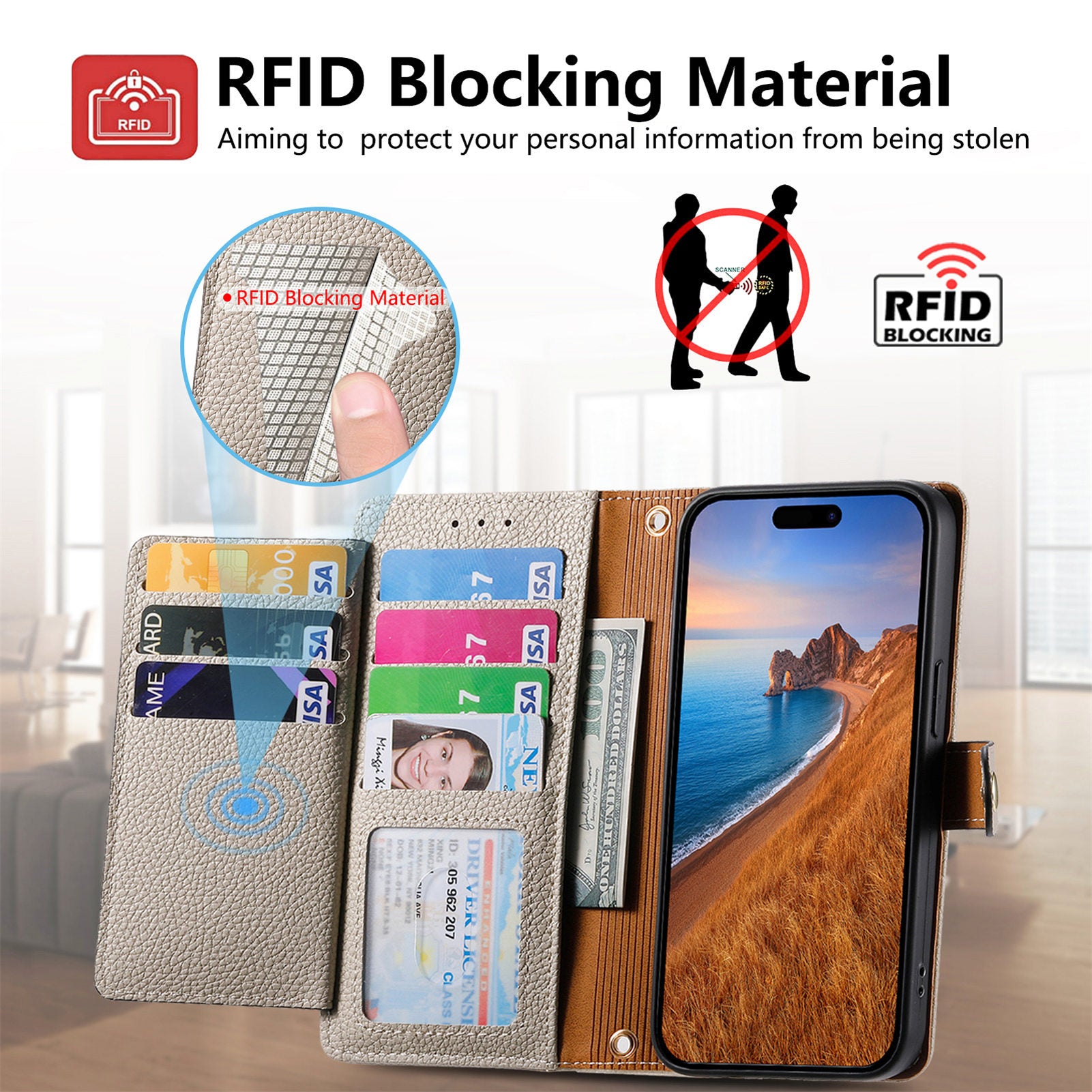 iPhone 15 Pro Max Lychee Lines Pattern Card Insert Phone Case