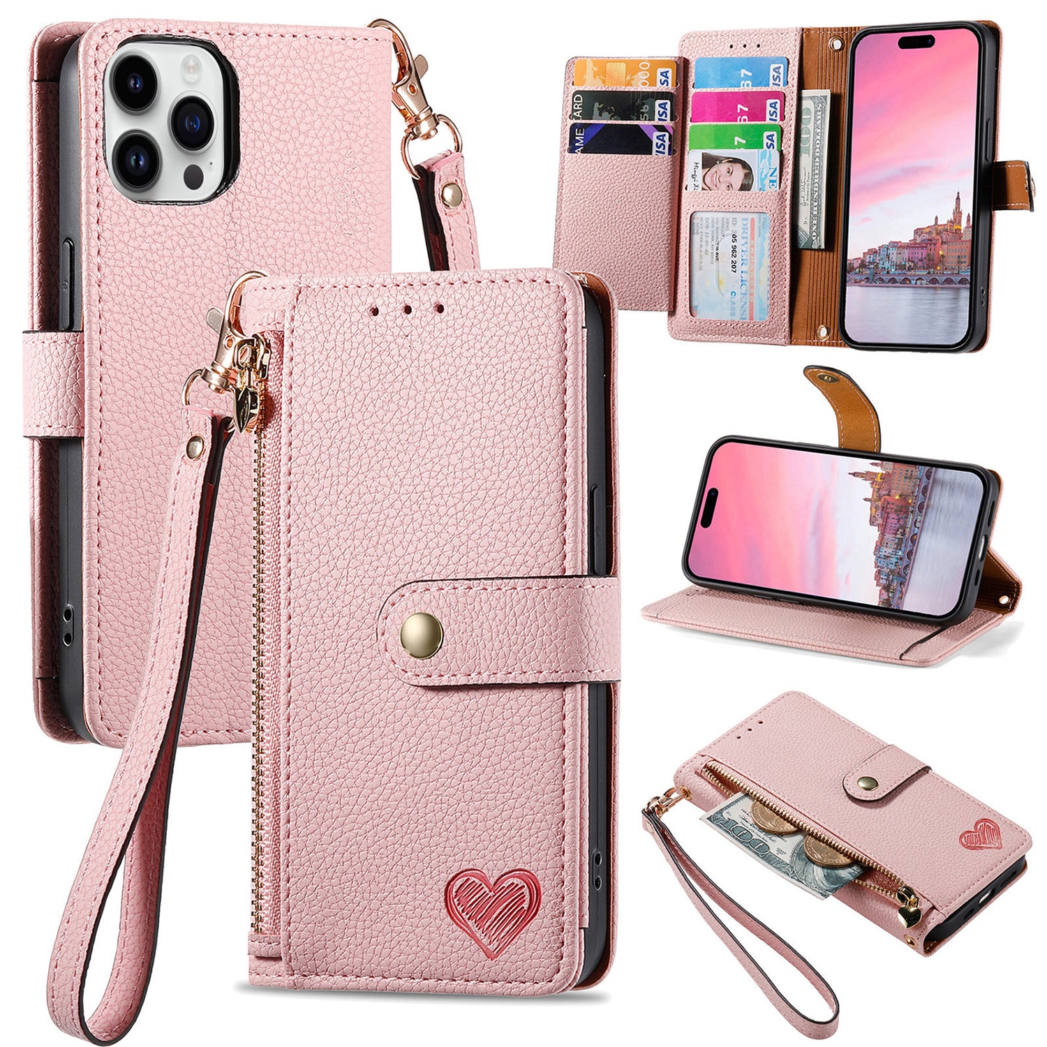 iPhone 15 Pro Max Lychee Lines Pattern Card Insert Phone Case