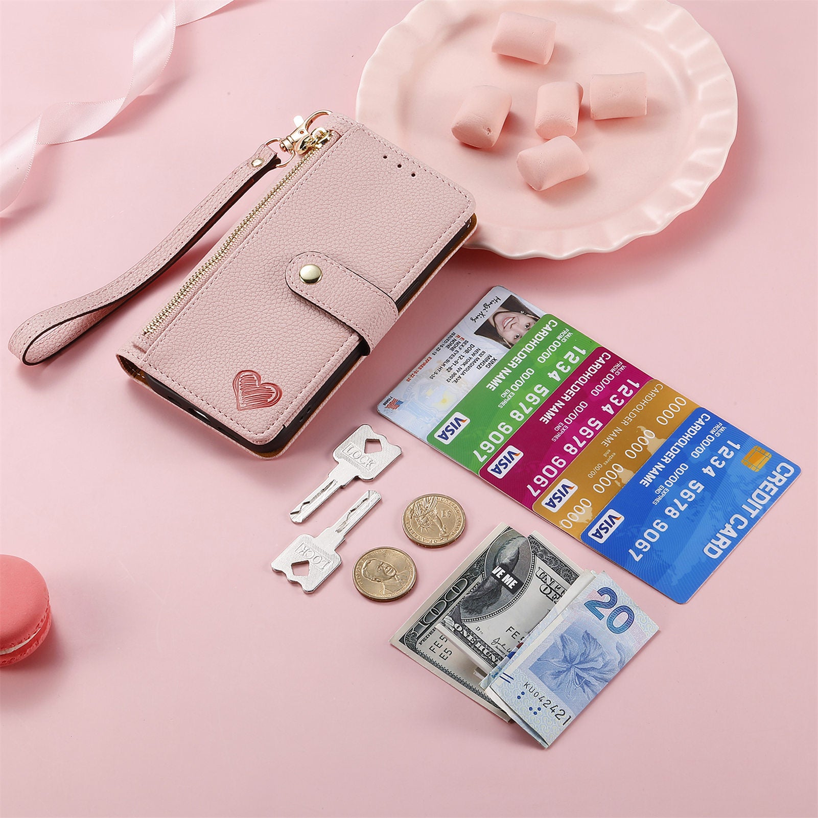 iPhone 15 Pro Max Lychee Lines Pattern Card Insert Phone Case