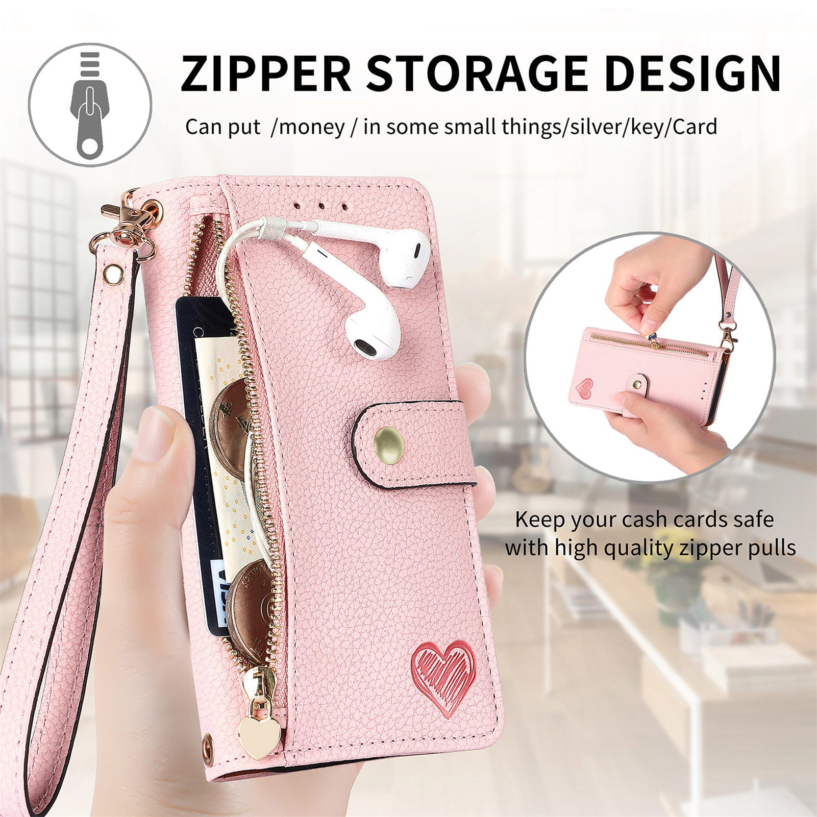 iPhone 15 Pro Max Lychee Lines Pattern Card Insert Phone Case