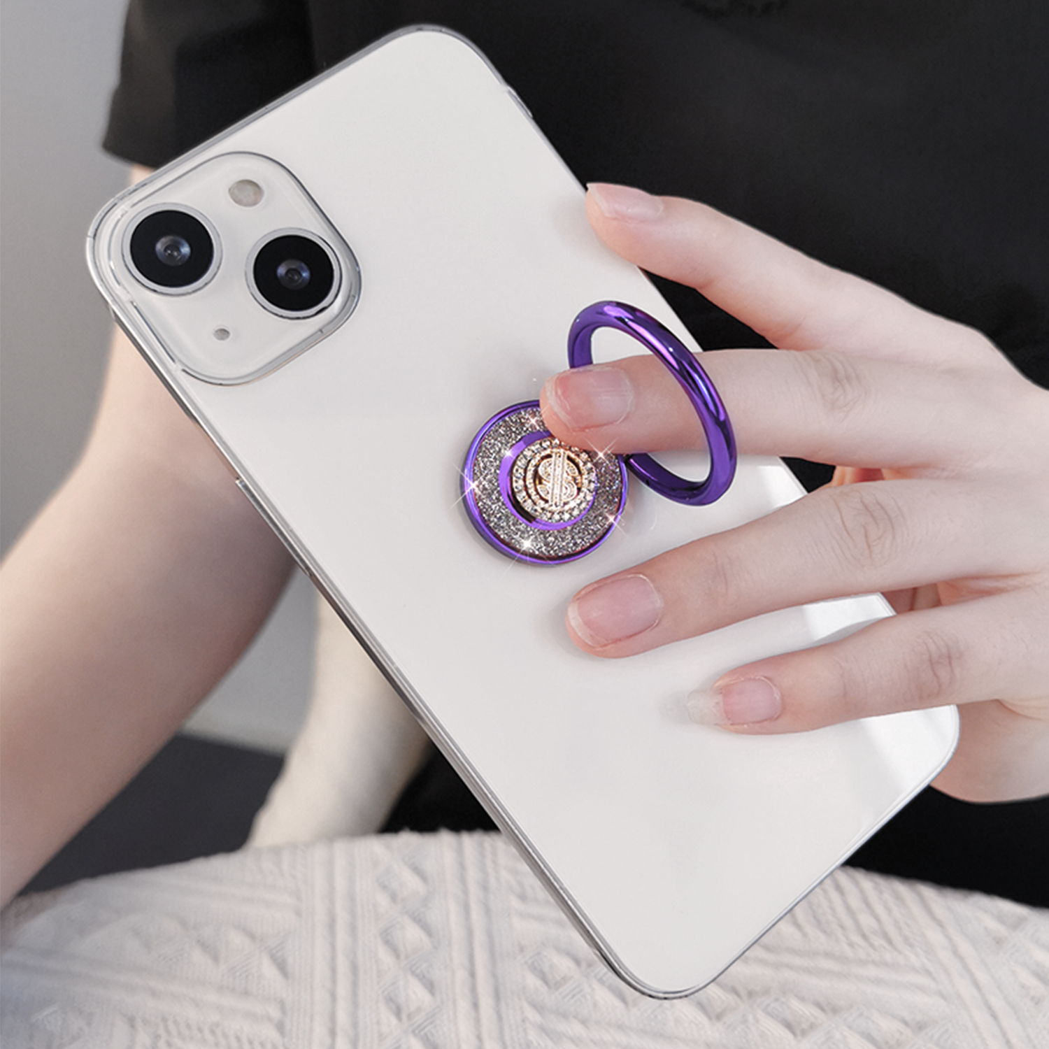 Diamond inlaid 360 ° rotating mobile phone metal ring buckle / kickstand