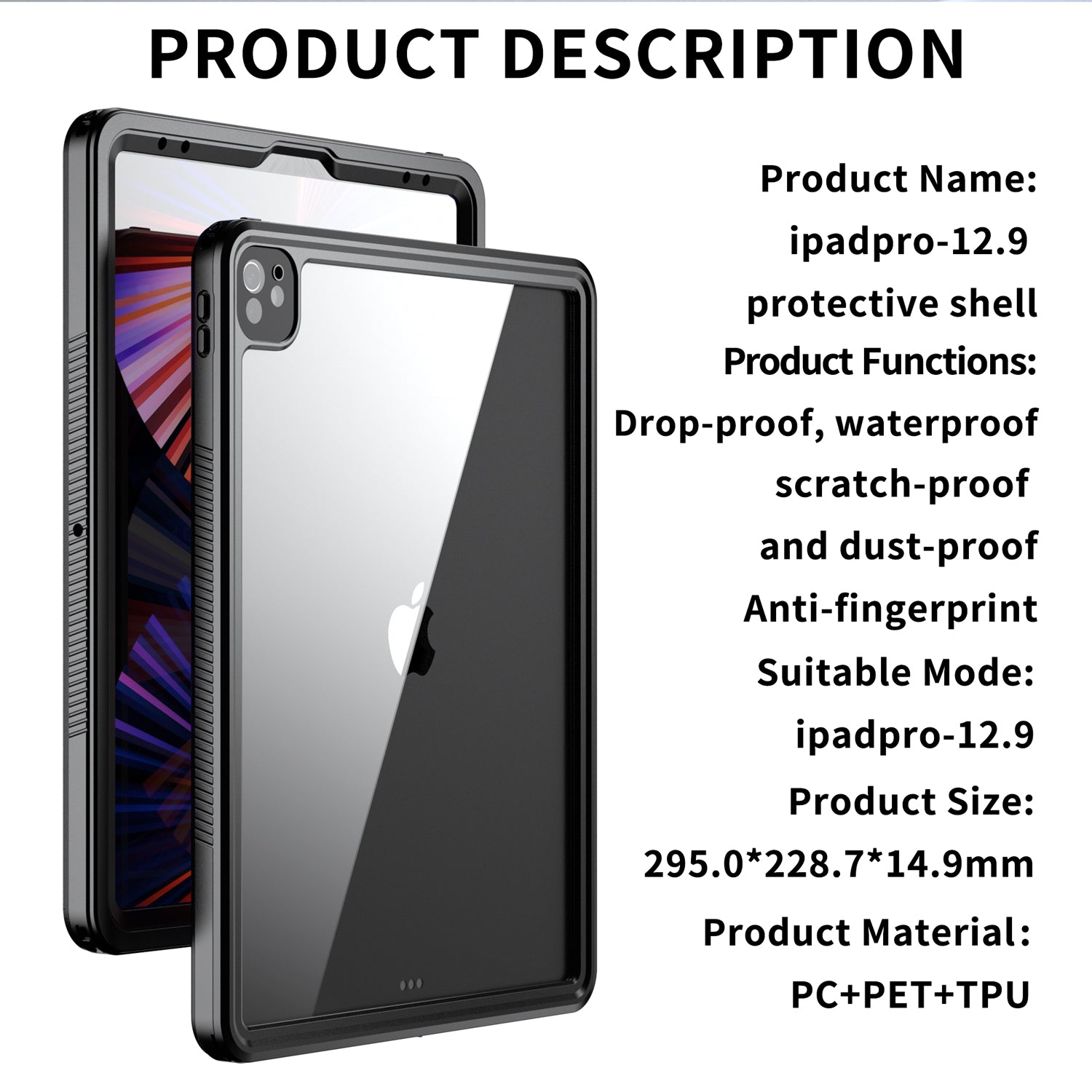 Apple iPad Pro 6/5/4(12.9'') 360 Full Protective Waterproof Case with Built-in Screen Fingerprint Protector