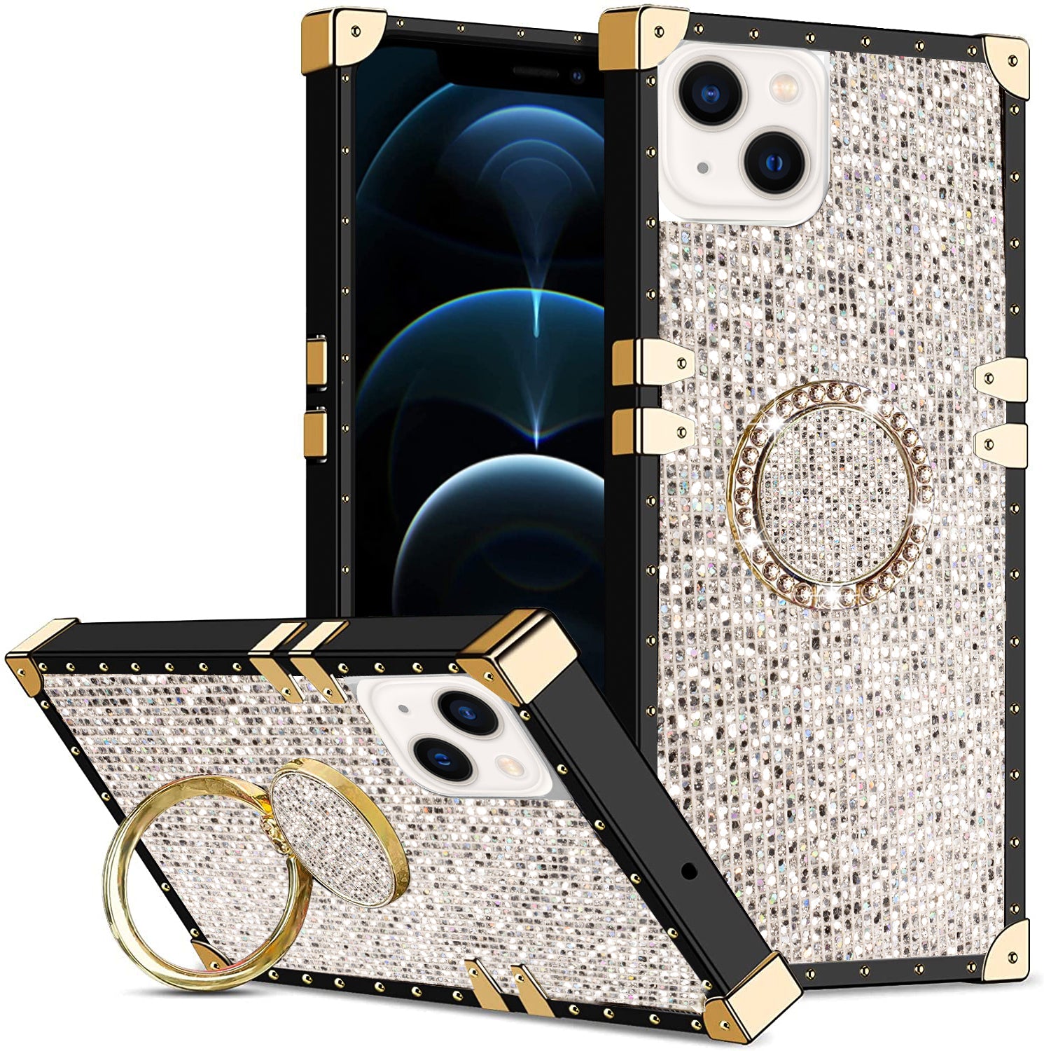 iPhone 13 mini Fashion Case TPU Luxury Grey Diamonds  with Kickstand