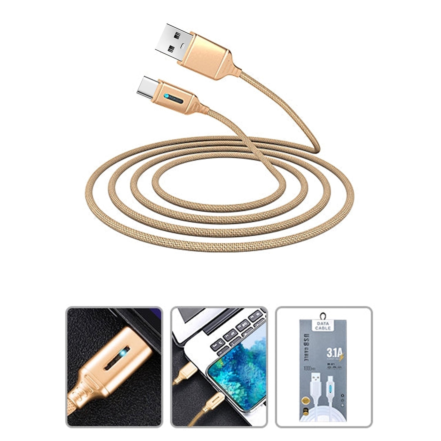 LED Visible Flowing Type C USB Fast Charging USB Cable- White