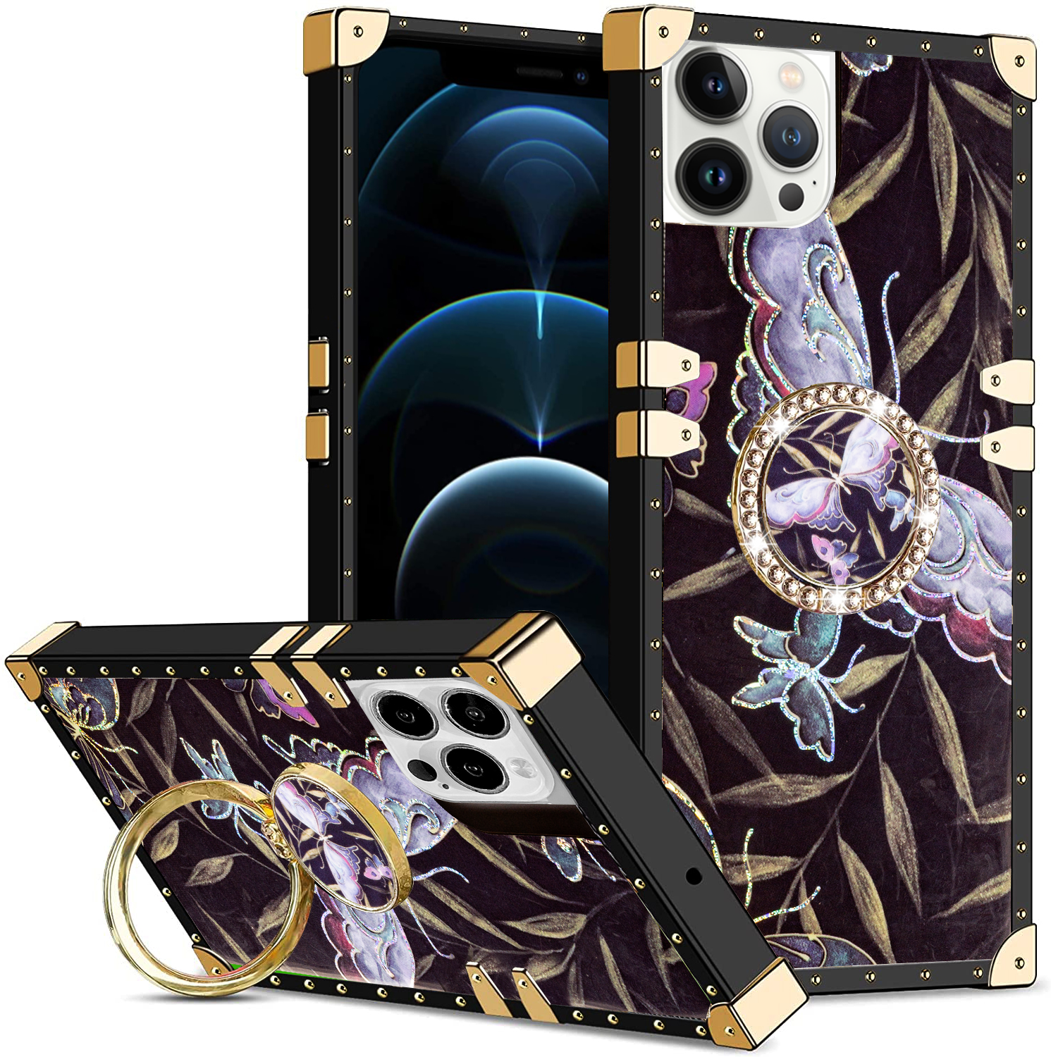 iPhone 13 Pro TPU Luxury Black Butterfly Case with Kickstand