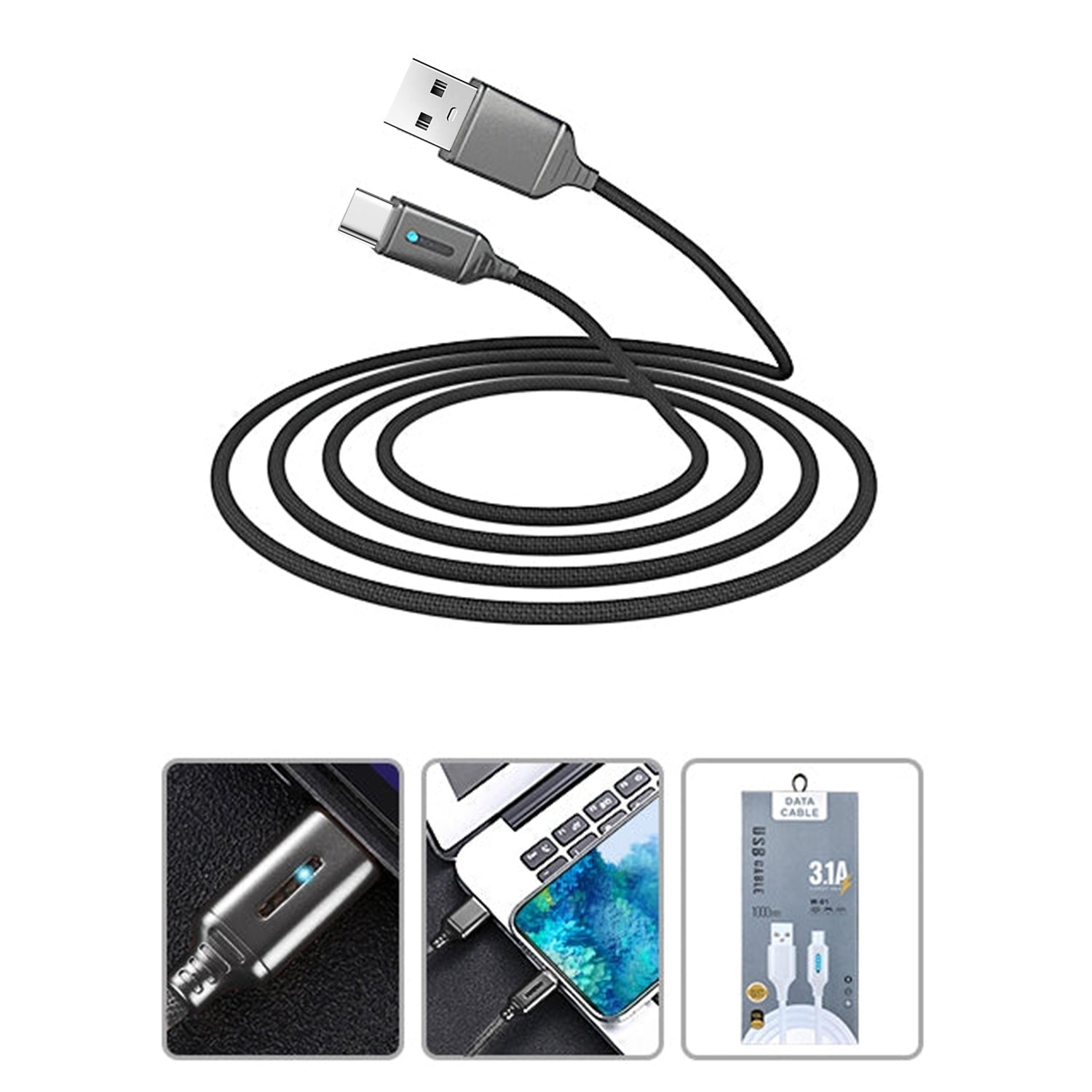 LED Visible Flowing Type C USB Fast Charging USB Cable- White
