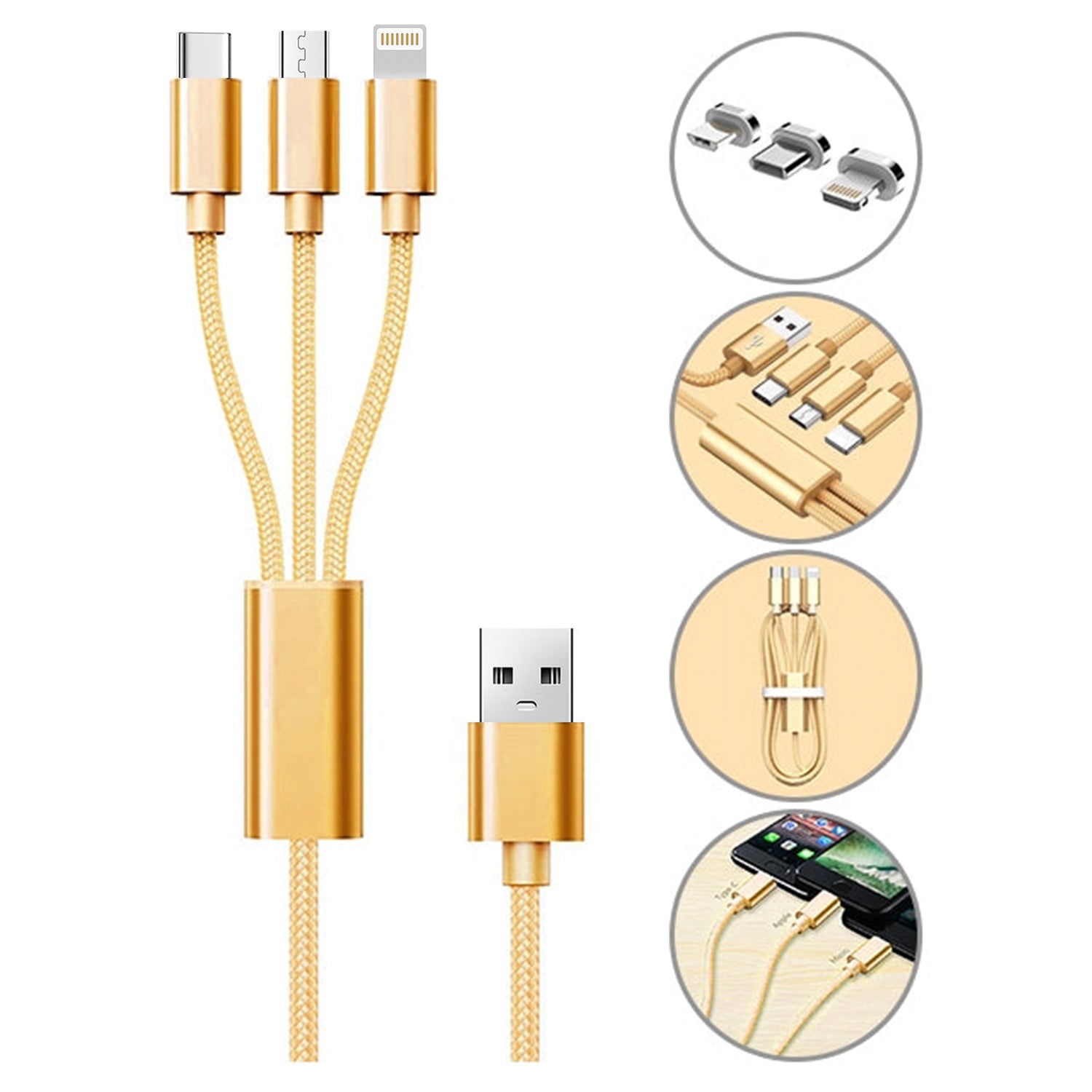 3 in 1 Multi Charging USB Nylon Cable Compatible with Most Smart Phones & Pads (3FT)