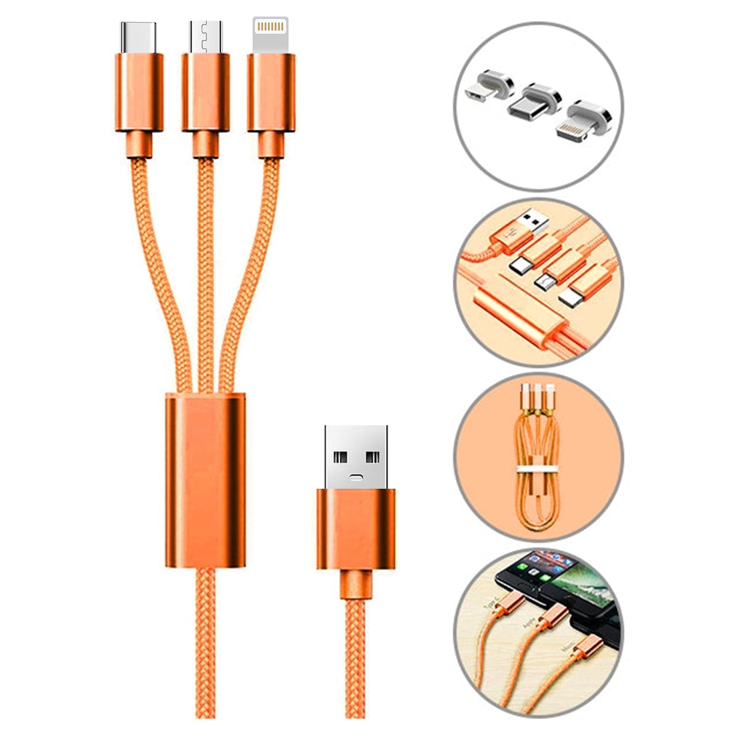 3 in 1 Multi Charging USB Nylon Cable Compatible with Most Smart Phones & Pads (3FT)