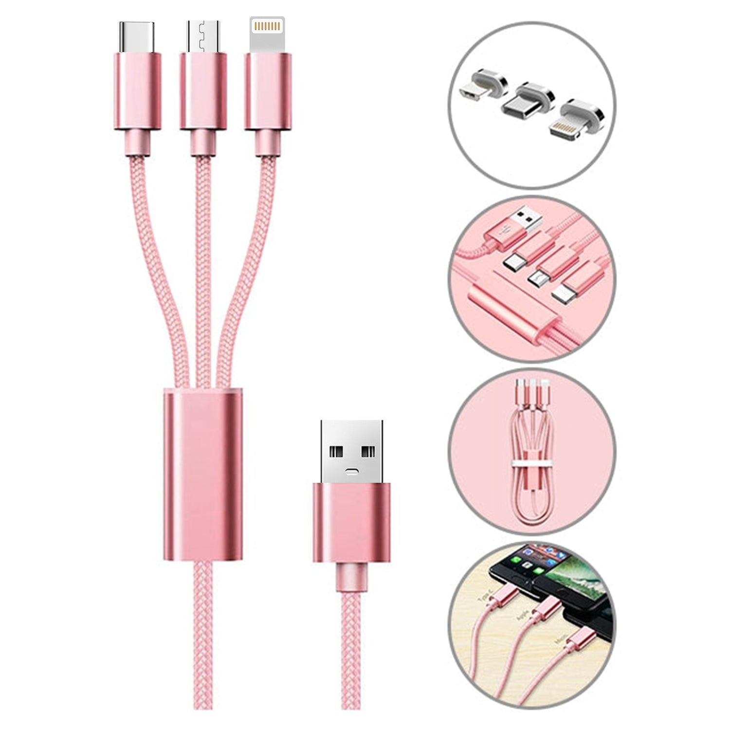 3 in 1 Multi Charging USB Nylon Cable Compatible with Most Smart Phones & Pads (3FT)