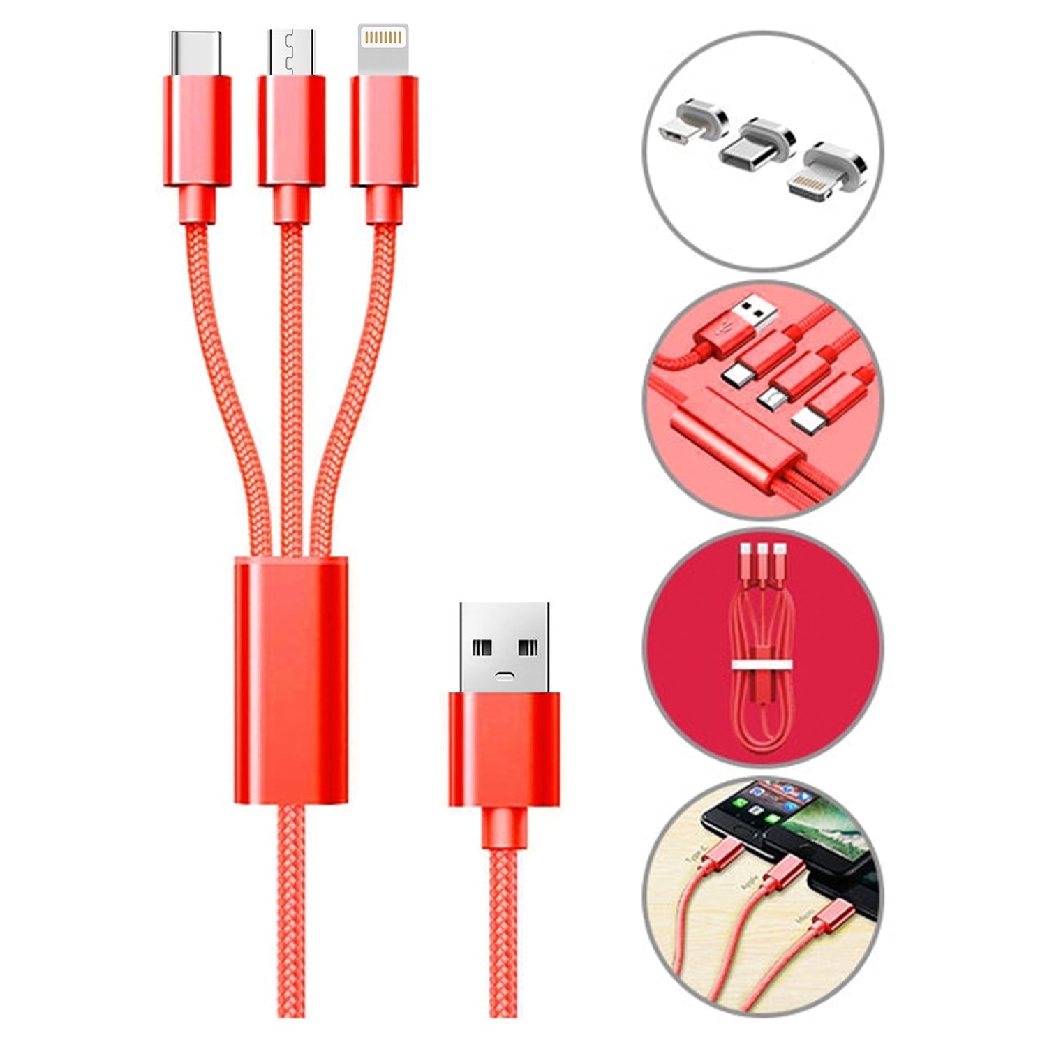3 in 1 Multi Charging USB Nylon Cable Compatible with Most Smart Phones & Pads (3FT)