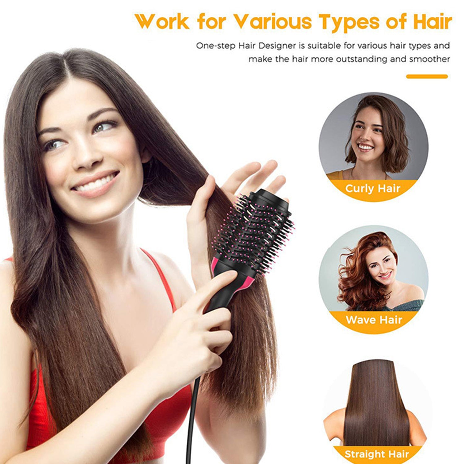 2 IN 1 One Step Hair Dryer Hot Air Brush Hair Straightener Comb Curling Brush Hair Styling Tools-Hot Pink