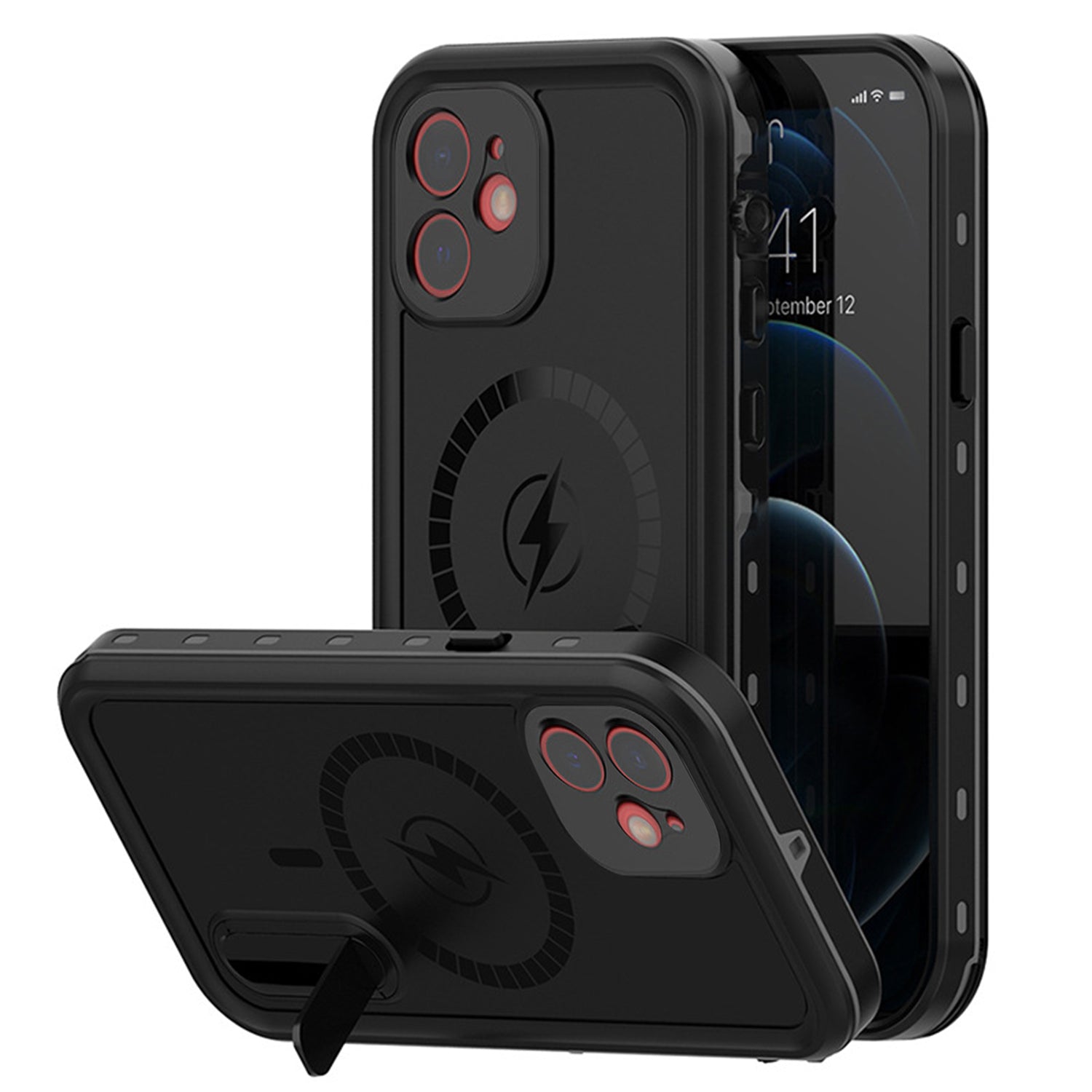 Magnetic Kickstand Red Pepper Waterproof Case for iPhone 12 (6.1") - Black