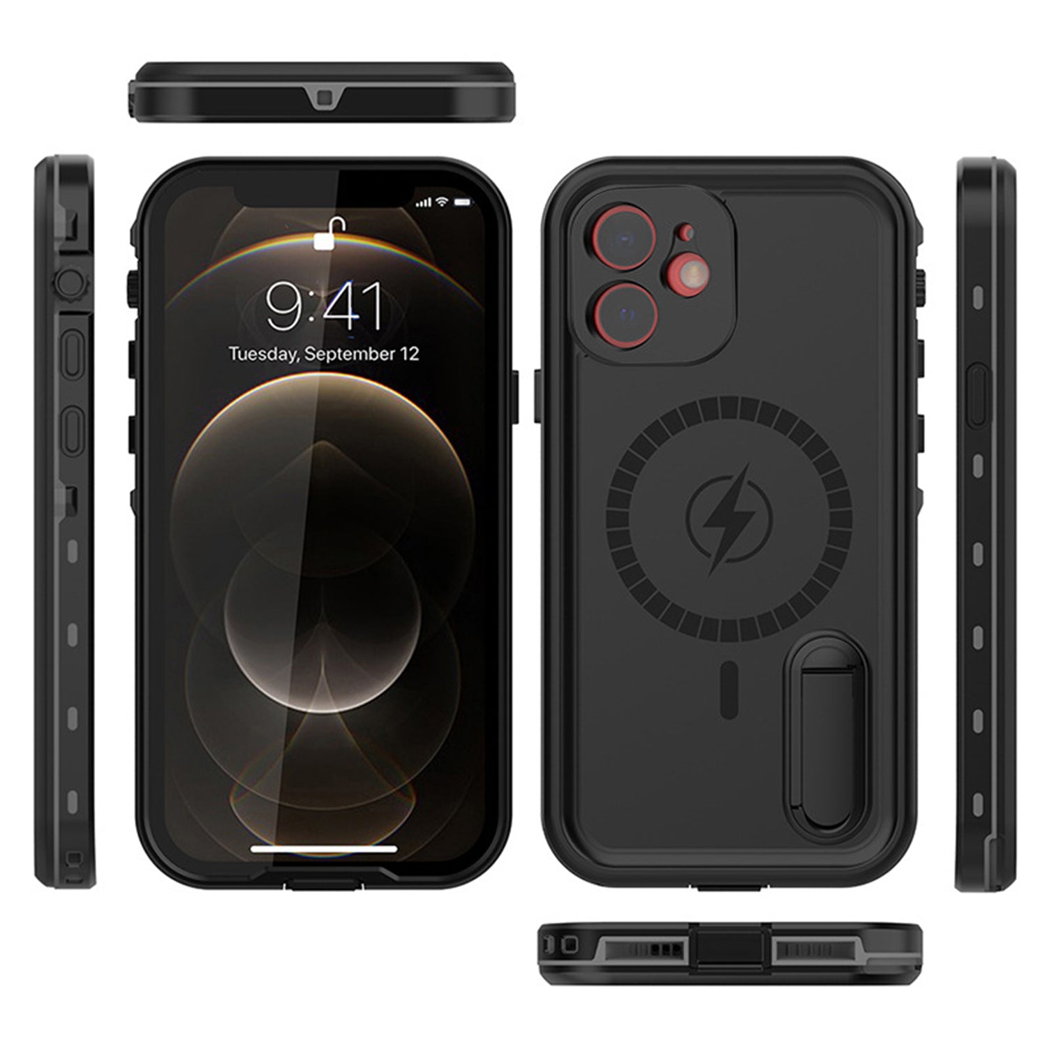 Magnetic Kickstand Red Pepper Waterproof Case for iPhone 12 (6.1") - Black
