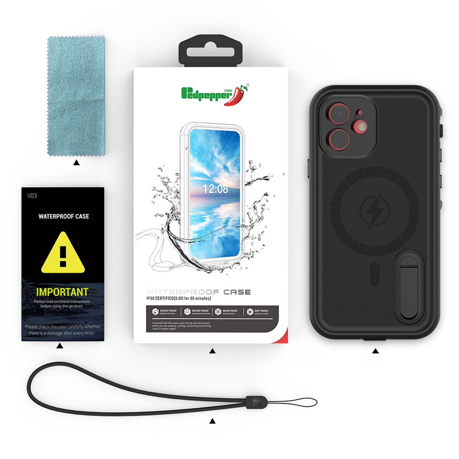 Magnetic Kickstand Red Pepper Waterproof Case for iPhone 12 (6.1") - Black