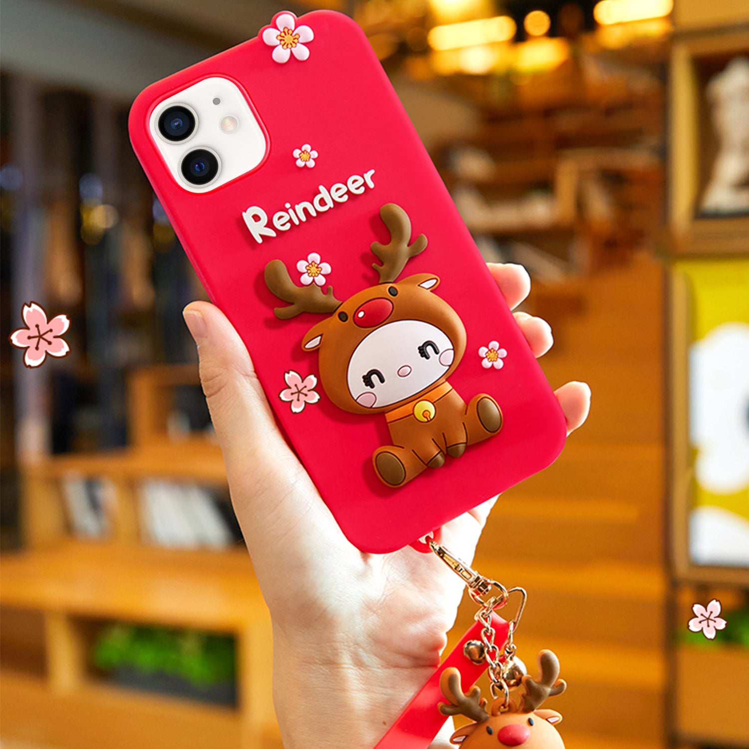 3D Silicone Cute Reindeer With Pendant Cartoon Case for iPhone 12 Pro/12 (6.1") - Black
