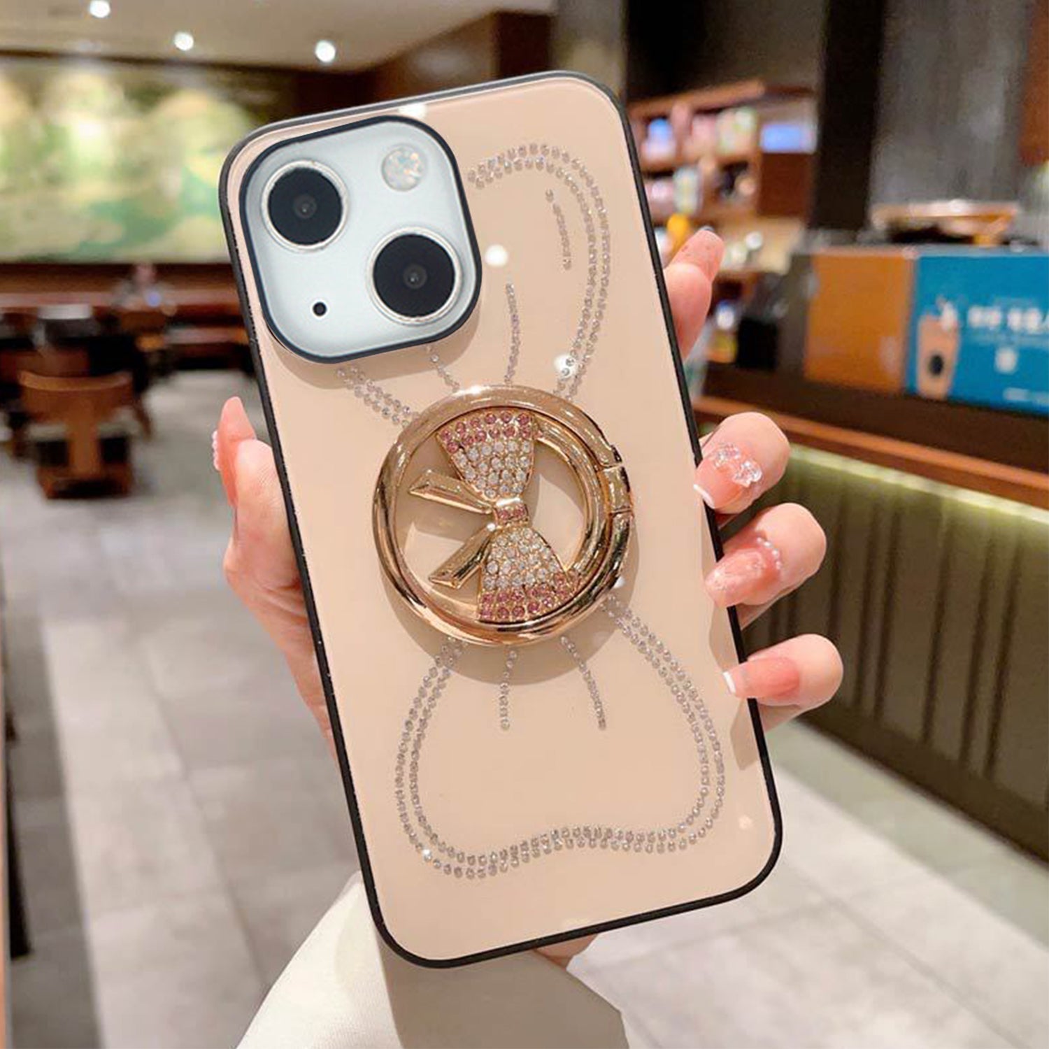 iPhone 13 Large bow round support precise hole diamond case