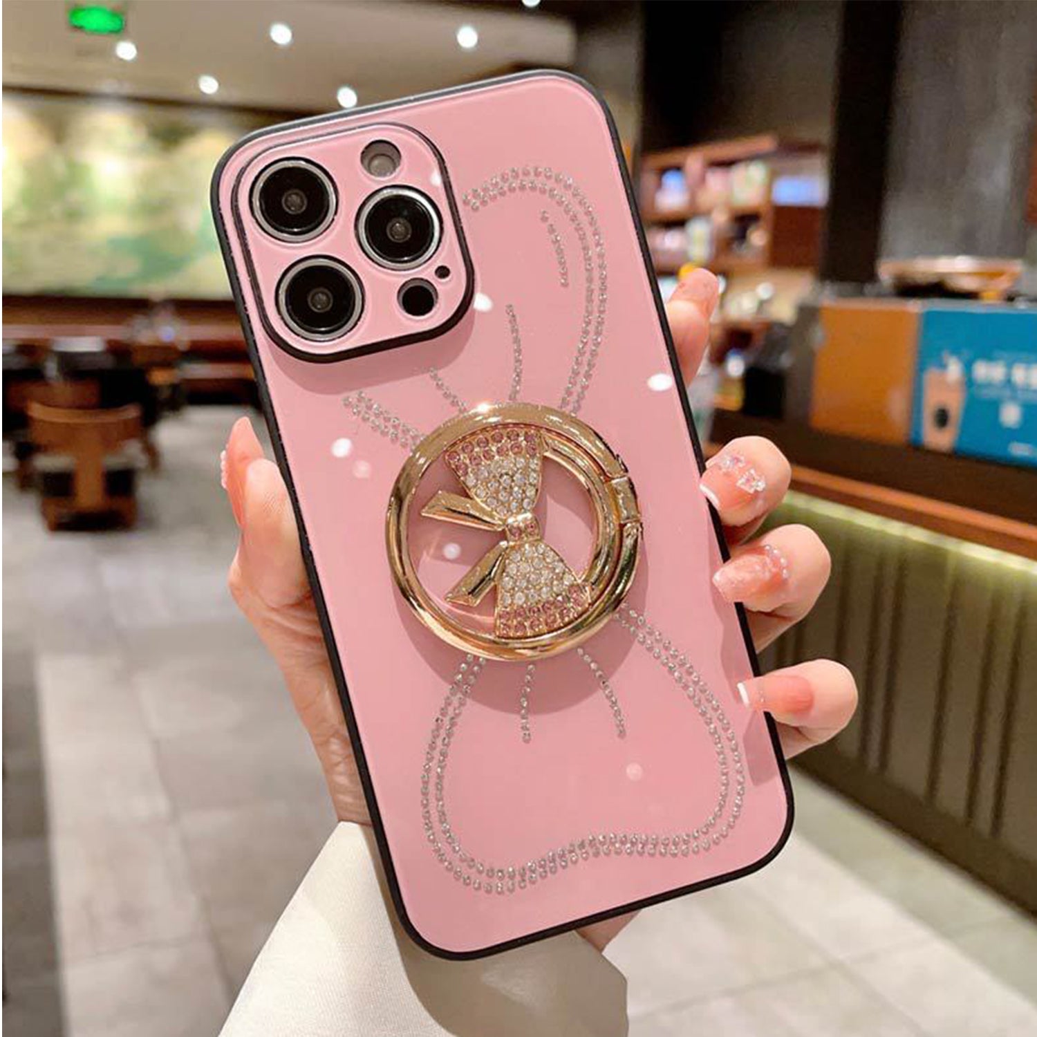 iPhone 13 Pro Max Large bow round support precise hole diamond case