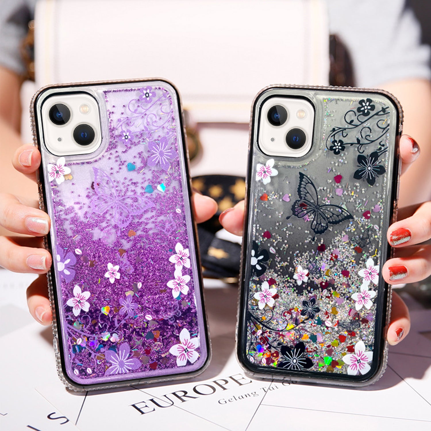 iPhone 13 mini Diamond inlaid on both sides, colorful butterfly quicksand  case